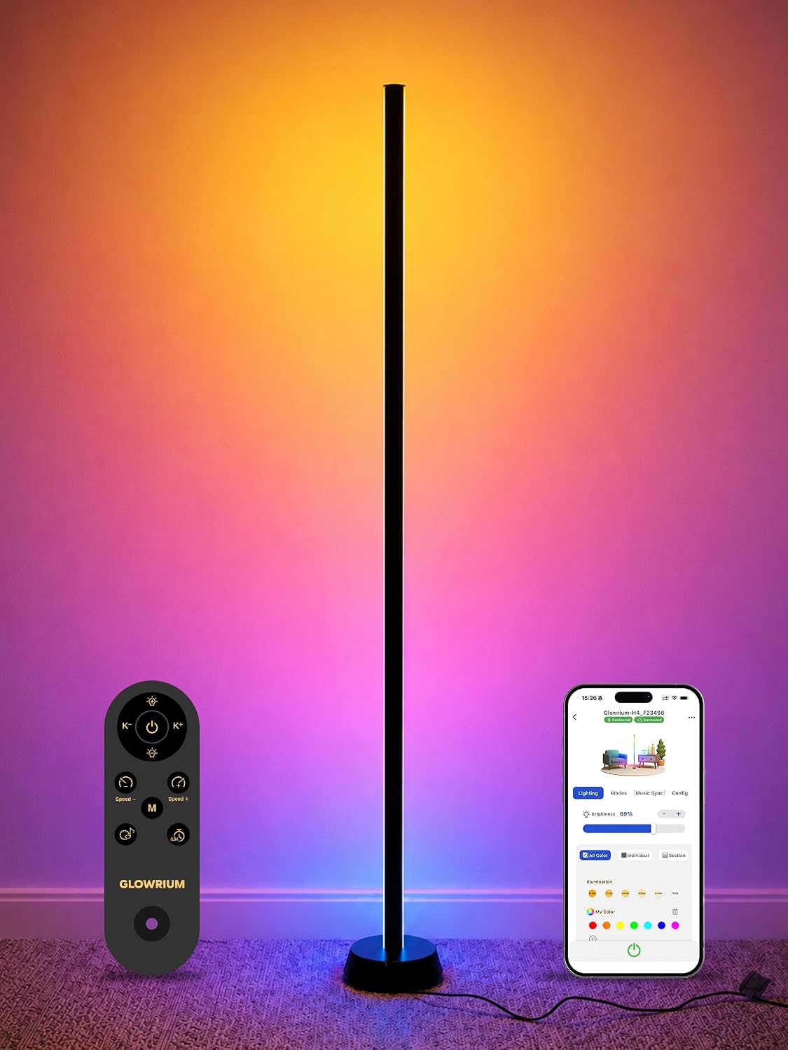 Floor Lamp with RGB Ripple Projector, 3-in-1 LED