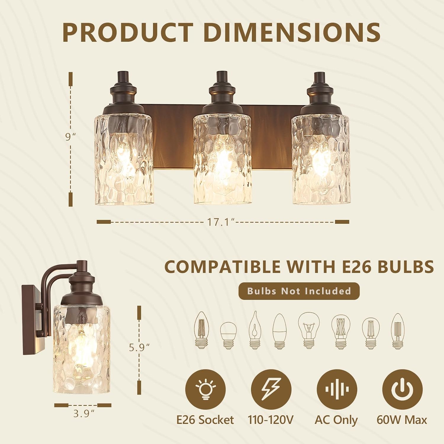 3-Light Light Fixture Bronze Oil Finish Hammered GLass