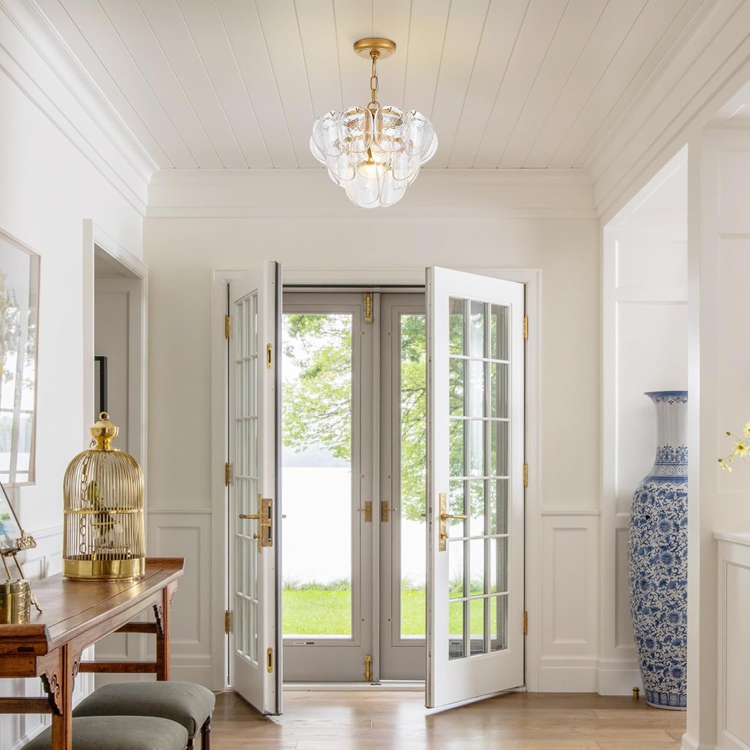 Modern Glass Pendant Chandelier Light Gold Finish, Vintage