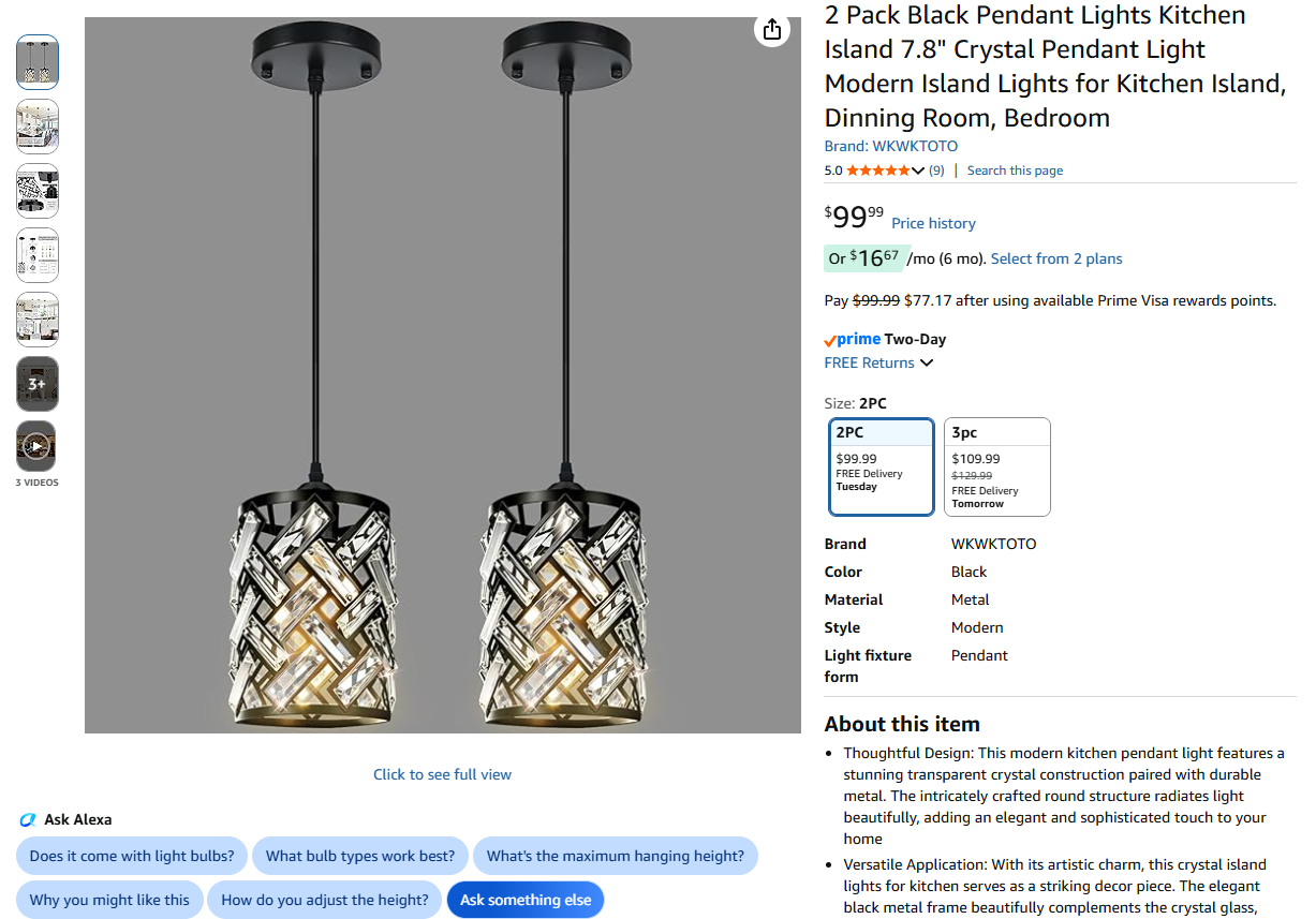 Crystal Black Pendant Lights - 2 Pack
