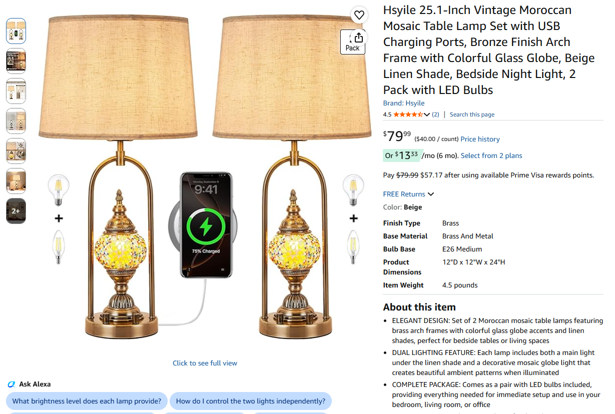Vintage Moroccan Mosaic Table Lamp Set with USB