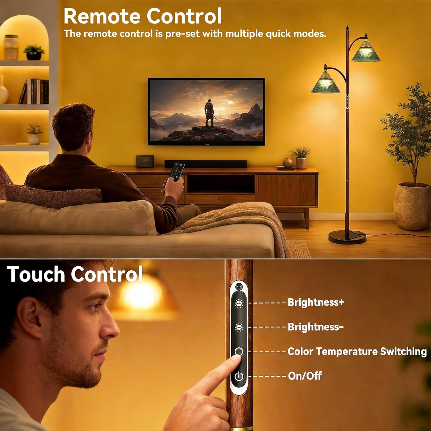 Dual-Head Vintage Tree Floor Lamp with Touch & Remote,