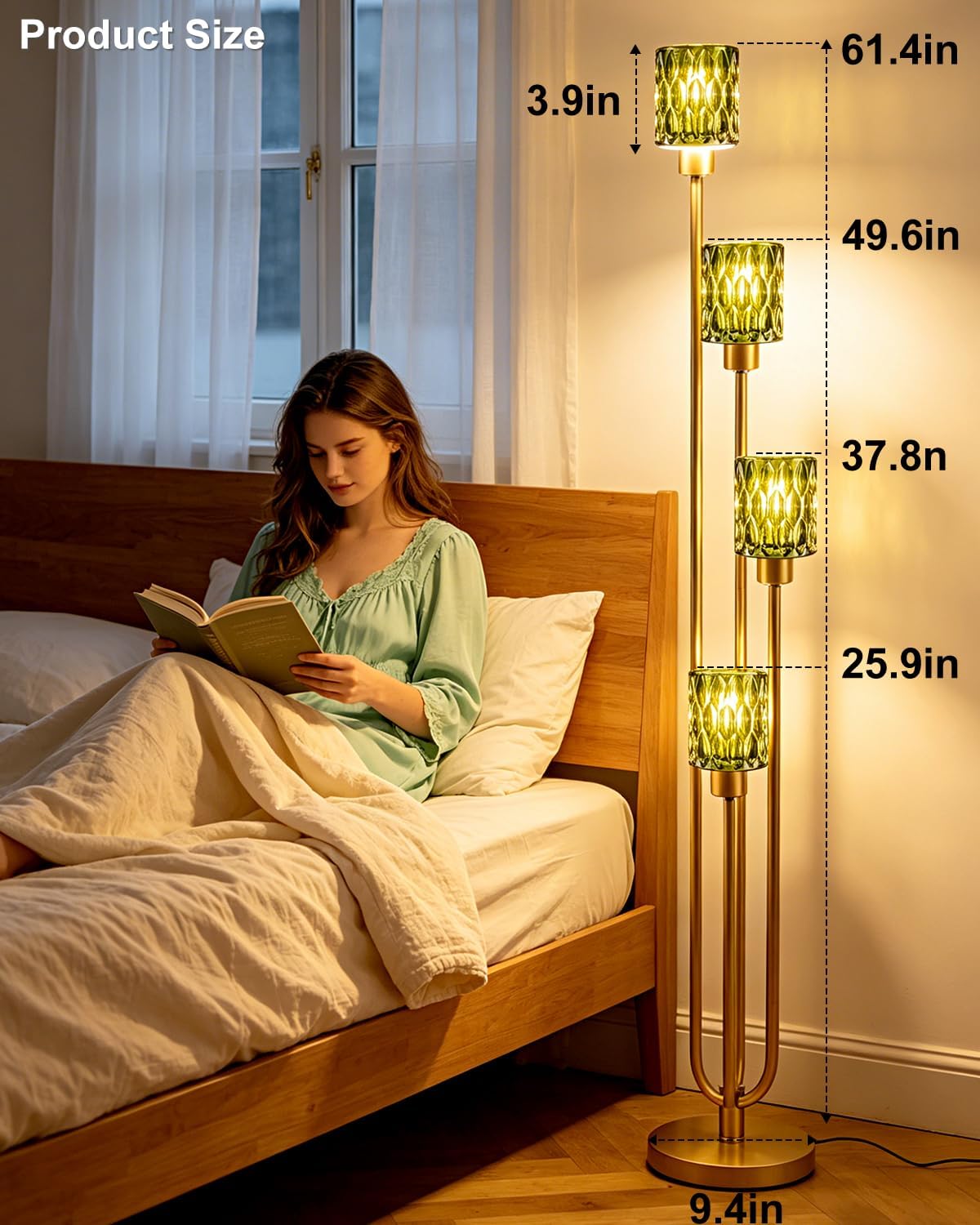 Green Glass Floor Lamp Dimmable 4-Light Farmhouse