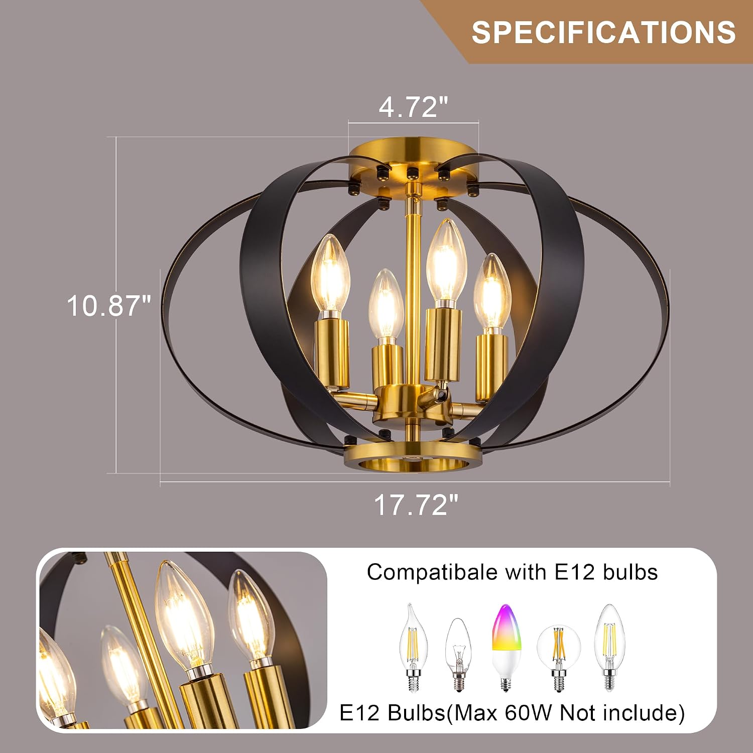 4-Light Black Gold Flush Mount Ceiling Light,