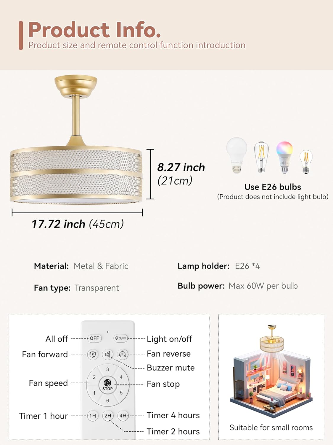 Gold Drum Ceiling Fan with Light Remote Control,