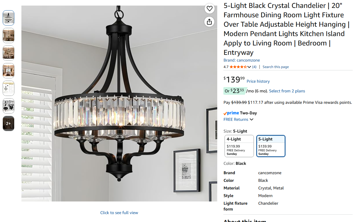 5-Light Black Crystal Chandelier
