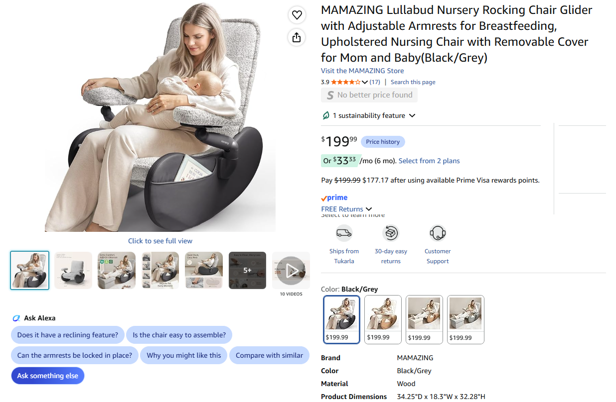 Nursery Rocking Chair Glider with Adjustable Armrests
