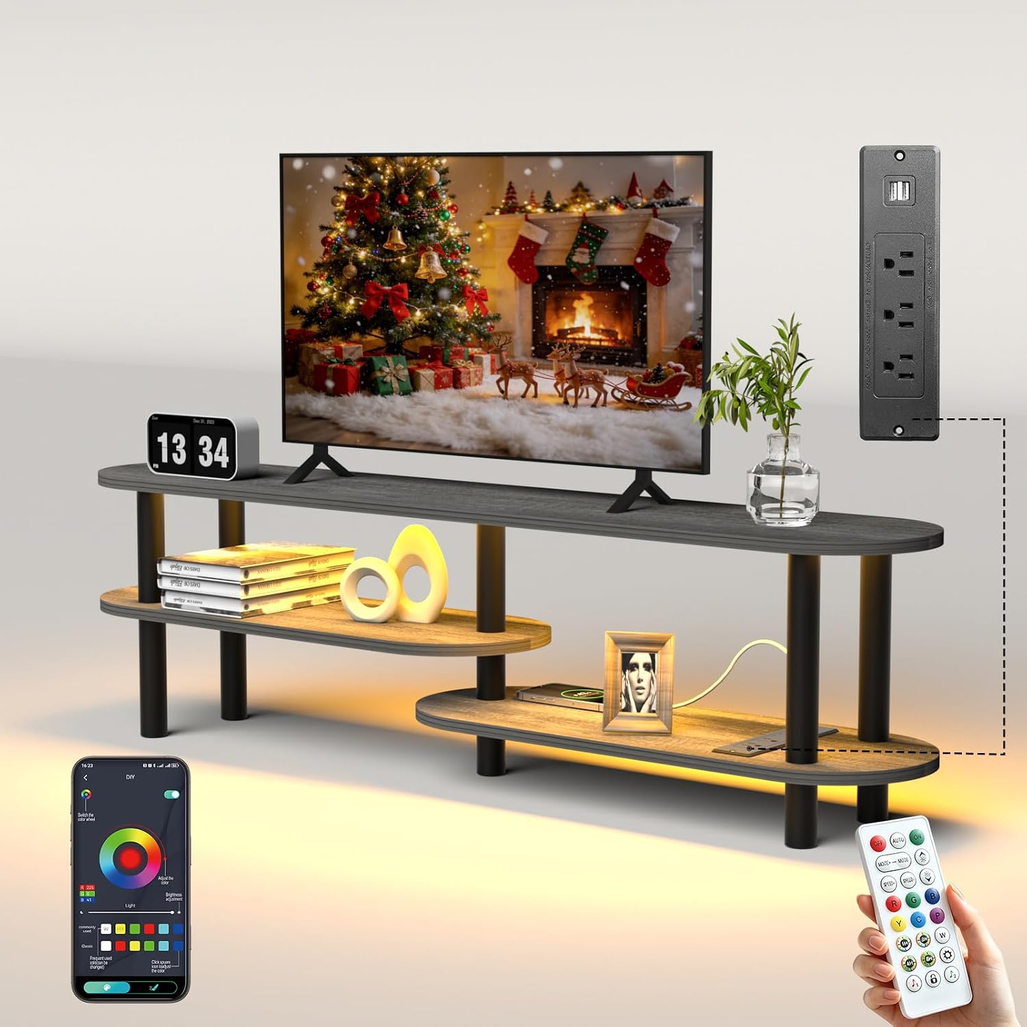 Curved TV Stand with Smart Strip Light & Power Outlet