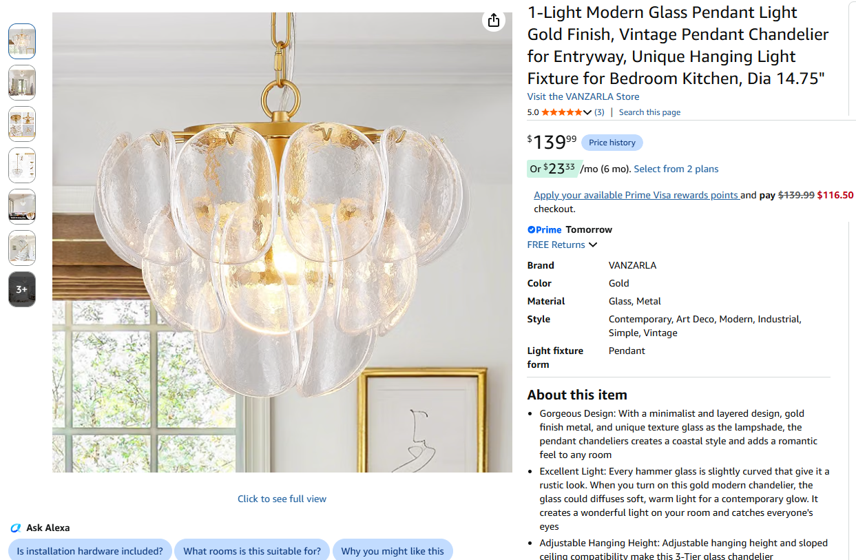 Modern Glass Pendant Chandelier Light Gold Finish, Vintage