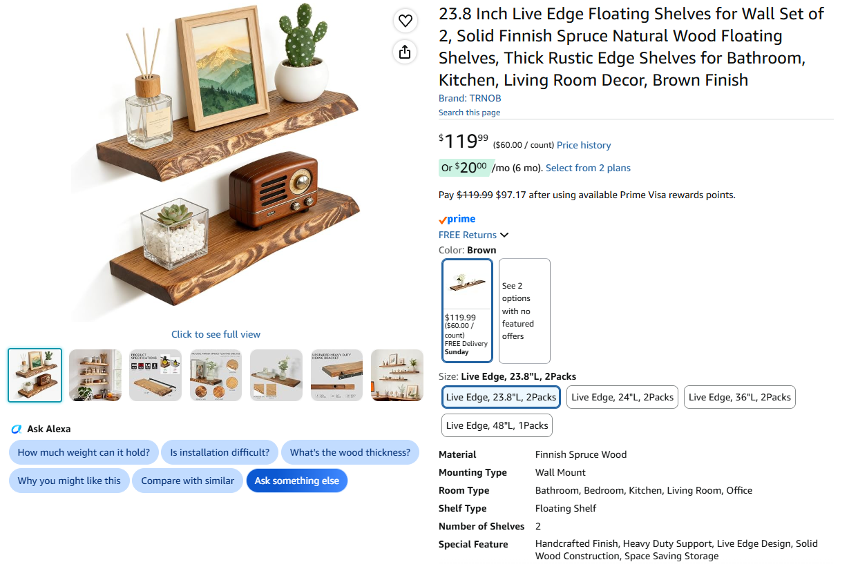 Live Edge Floating Shelves - Solid Spruce - 2PK