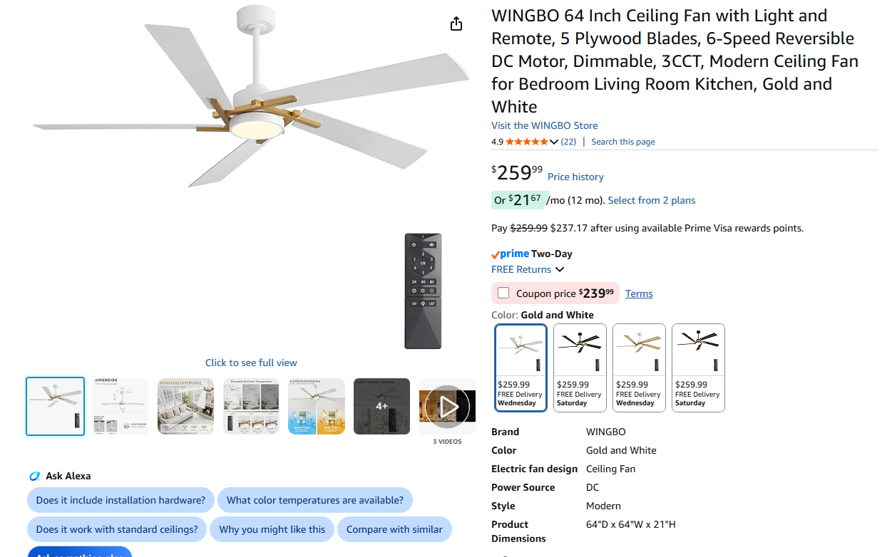 Ceiling Fan with Light and Remote,