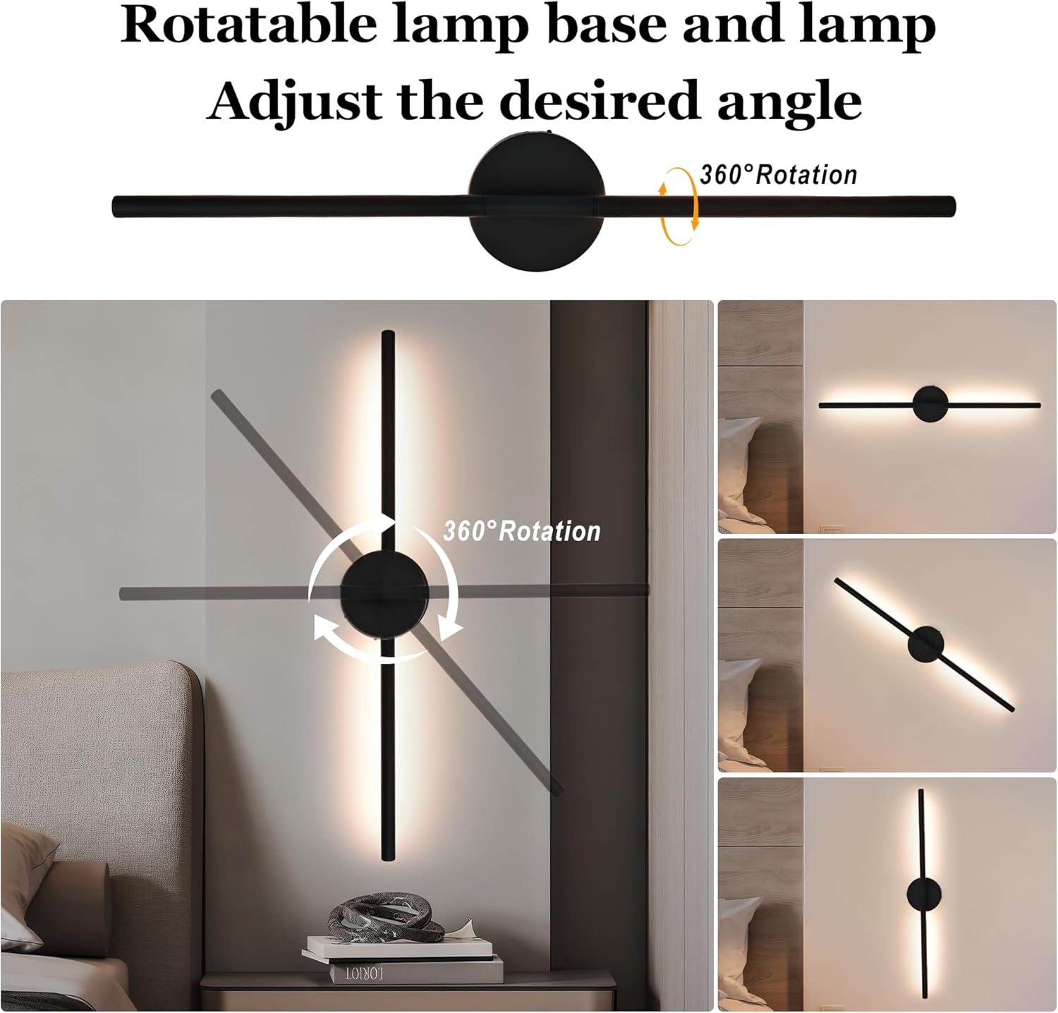 Black Battery Operated Wall Sconces Set of 2 360°