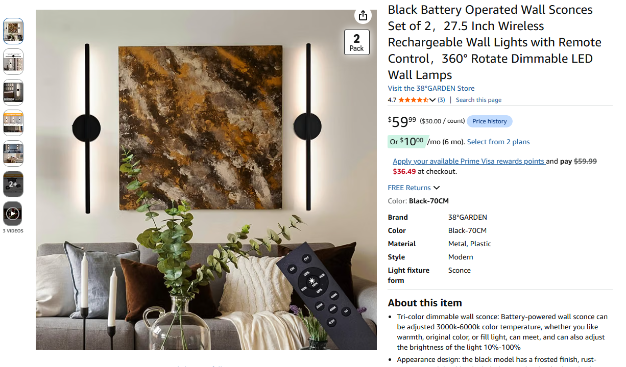 Black Battery Operated Wall Sconces Set of 2 360°