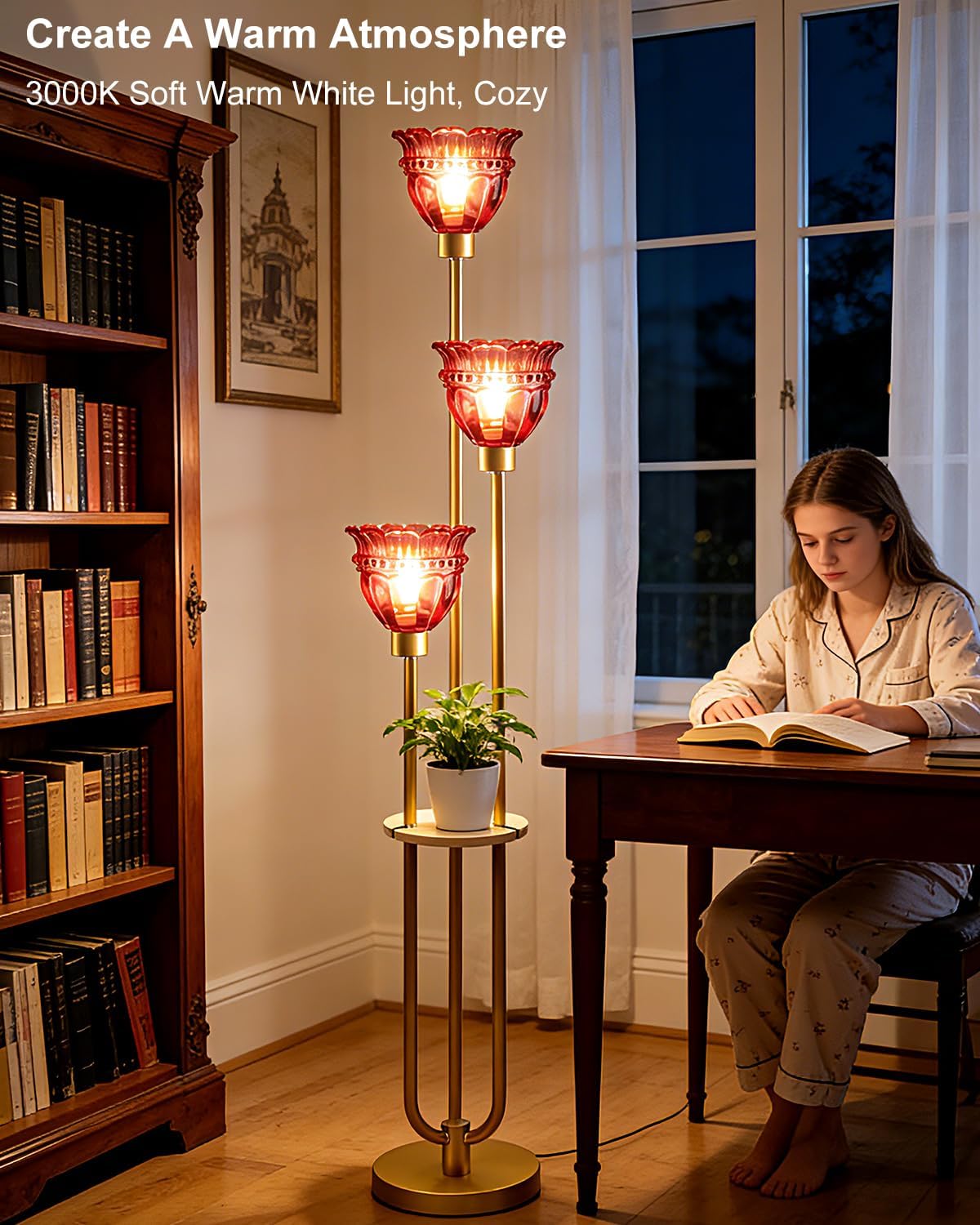 3-Lights Glass Floor Lamp with Shelf,