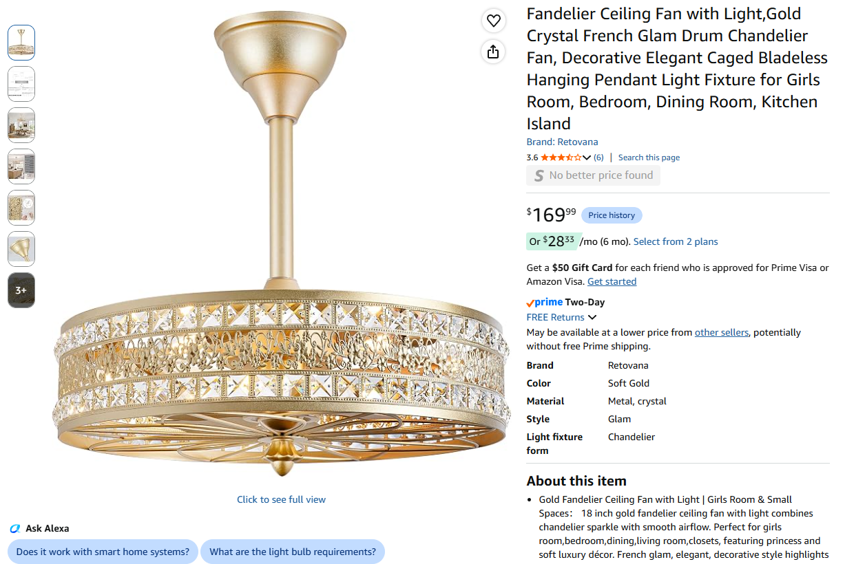 Gold Chandelier Light Fixture and Fan with remote, 4-Light
