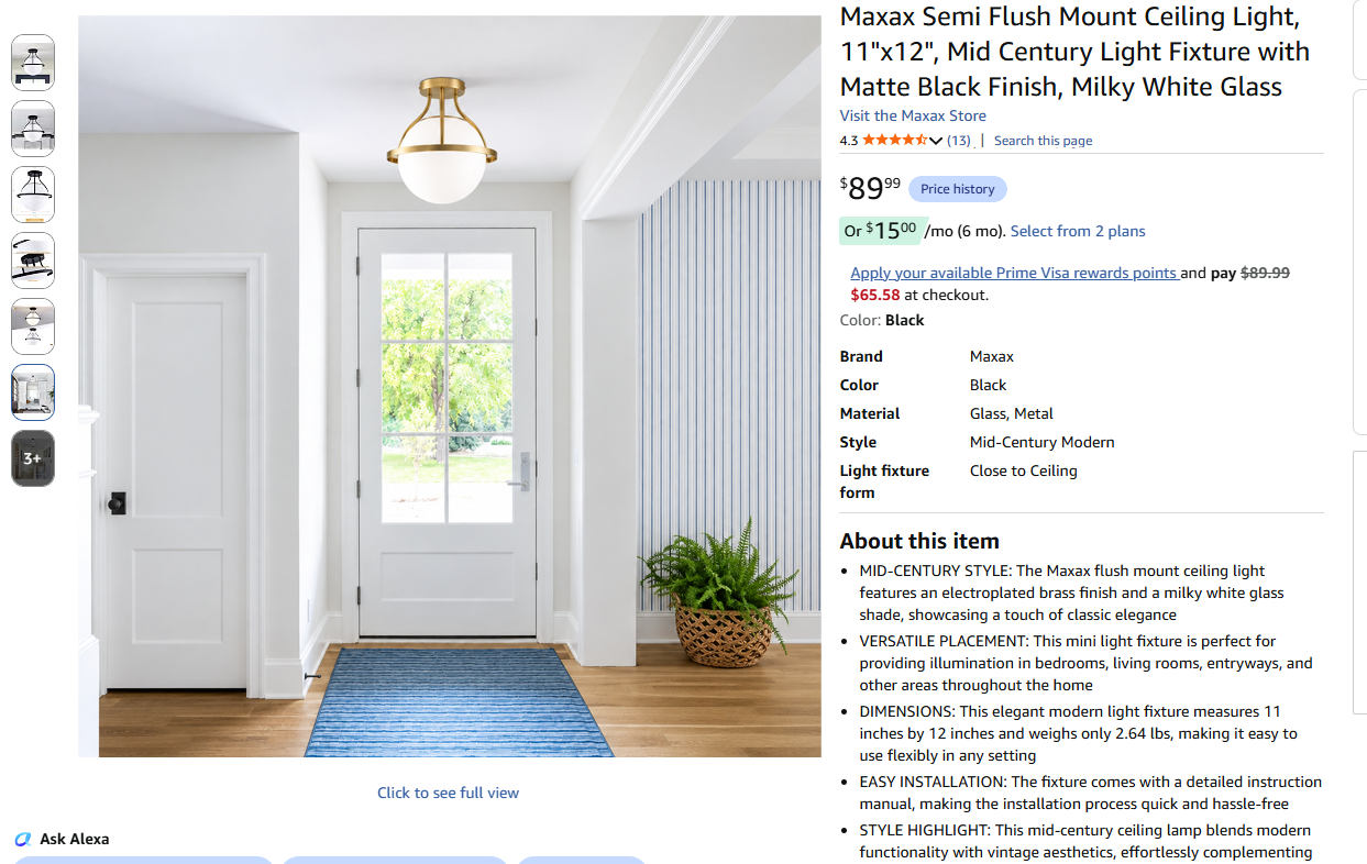 Mid Century Semi Flush Mount Ceiling Light,