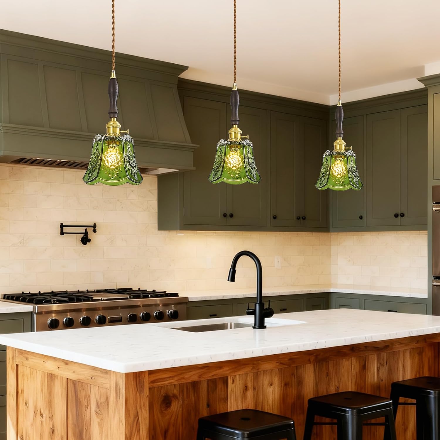 Vintage Green Flower Glass Pendant Lights 3 Pack,