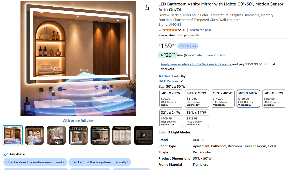 LED Bathroom Vanity Mirror with Lights, Motion Sensor