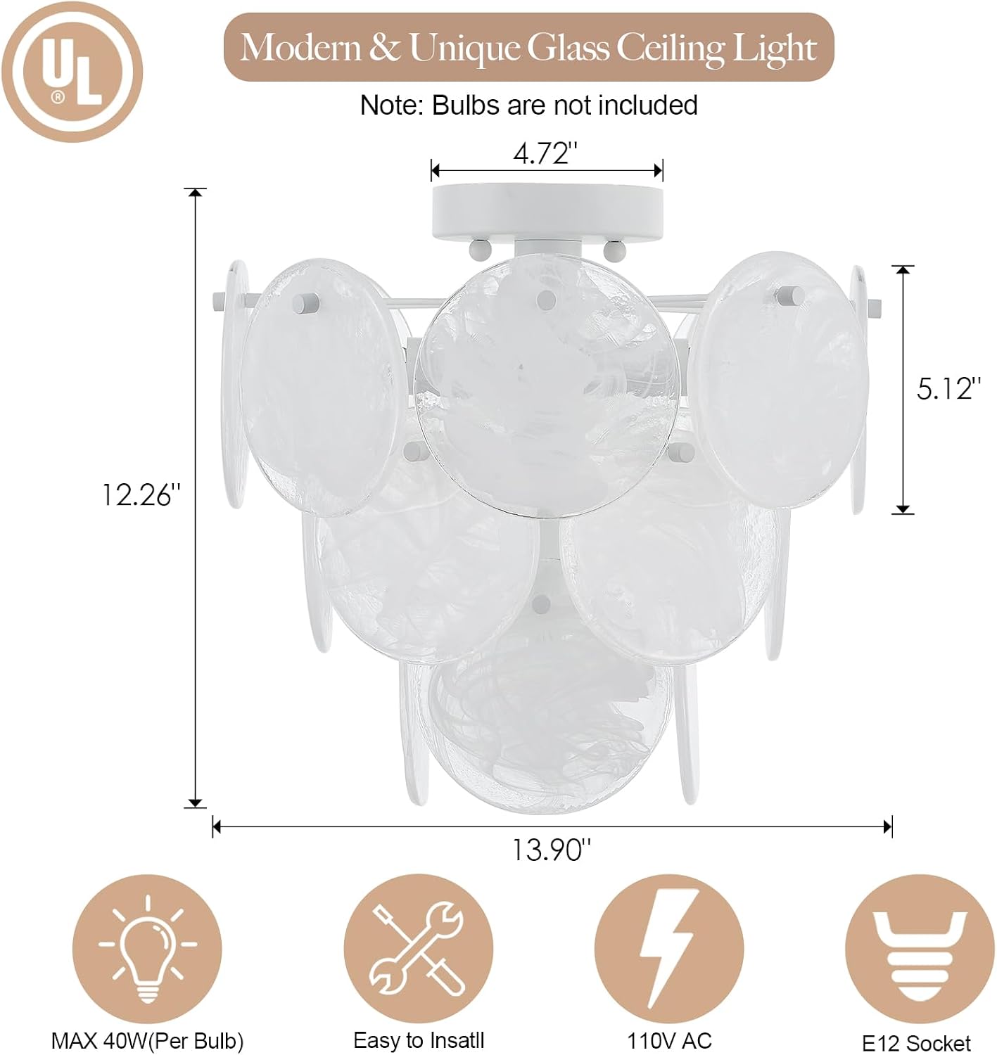 Modern Glass Flush Mount Light Fixture 4-Light Chandelier