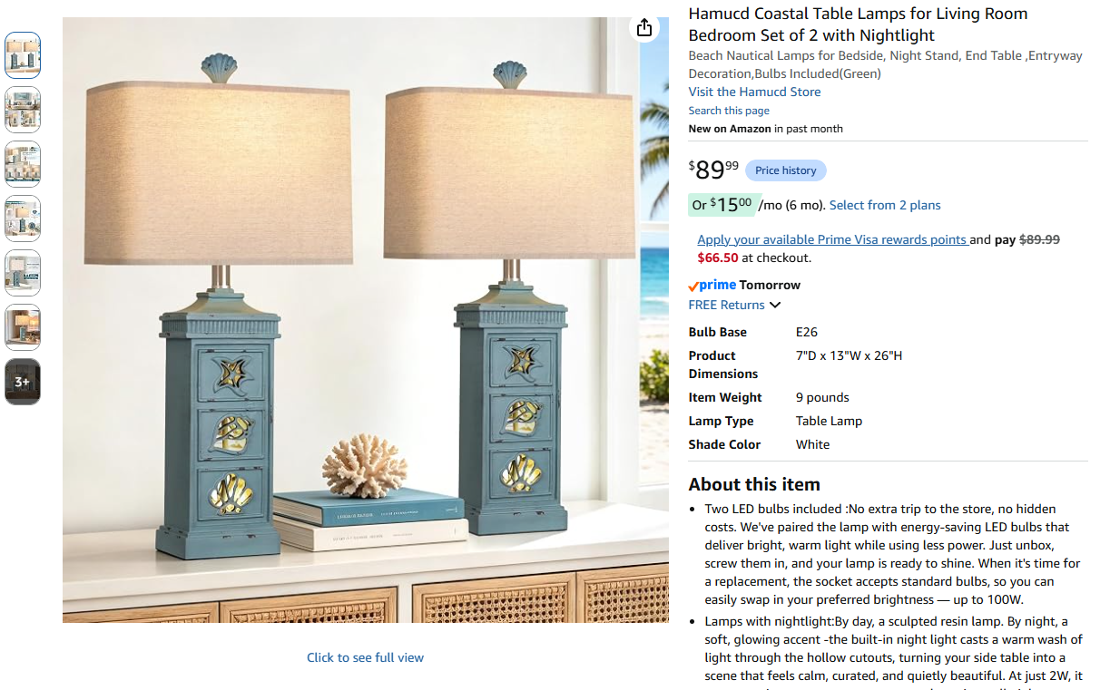 Coastal Table Lamps Set of 2 with Nightlight