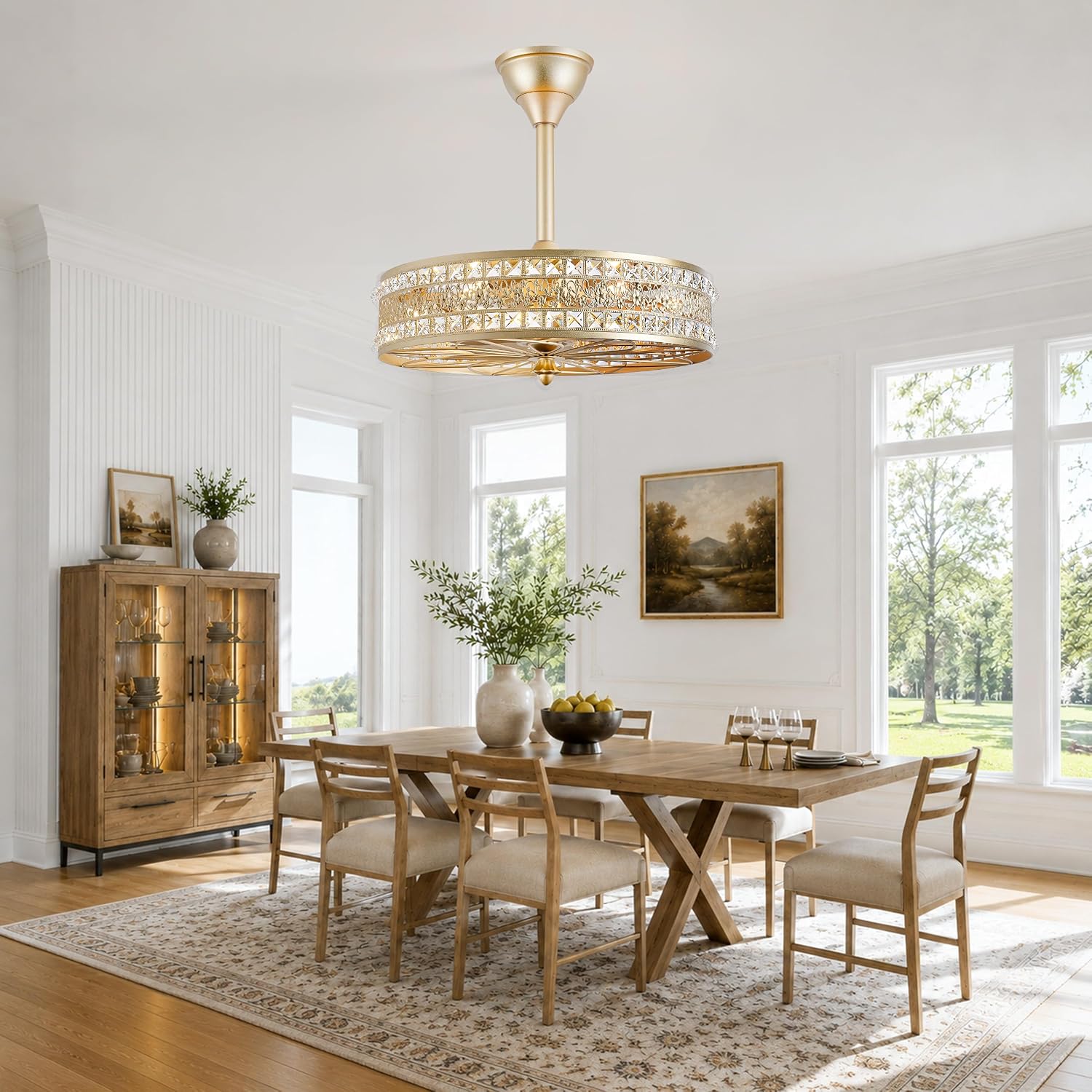 Gold Chandelier Light Fixture and Fan with remote, 4-Light