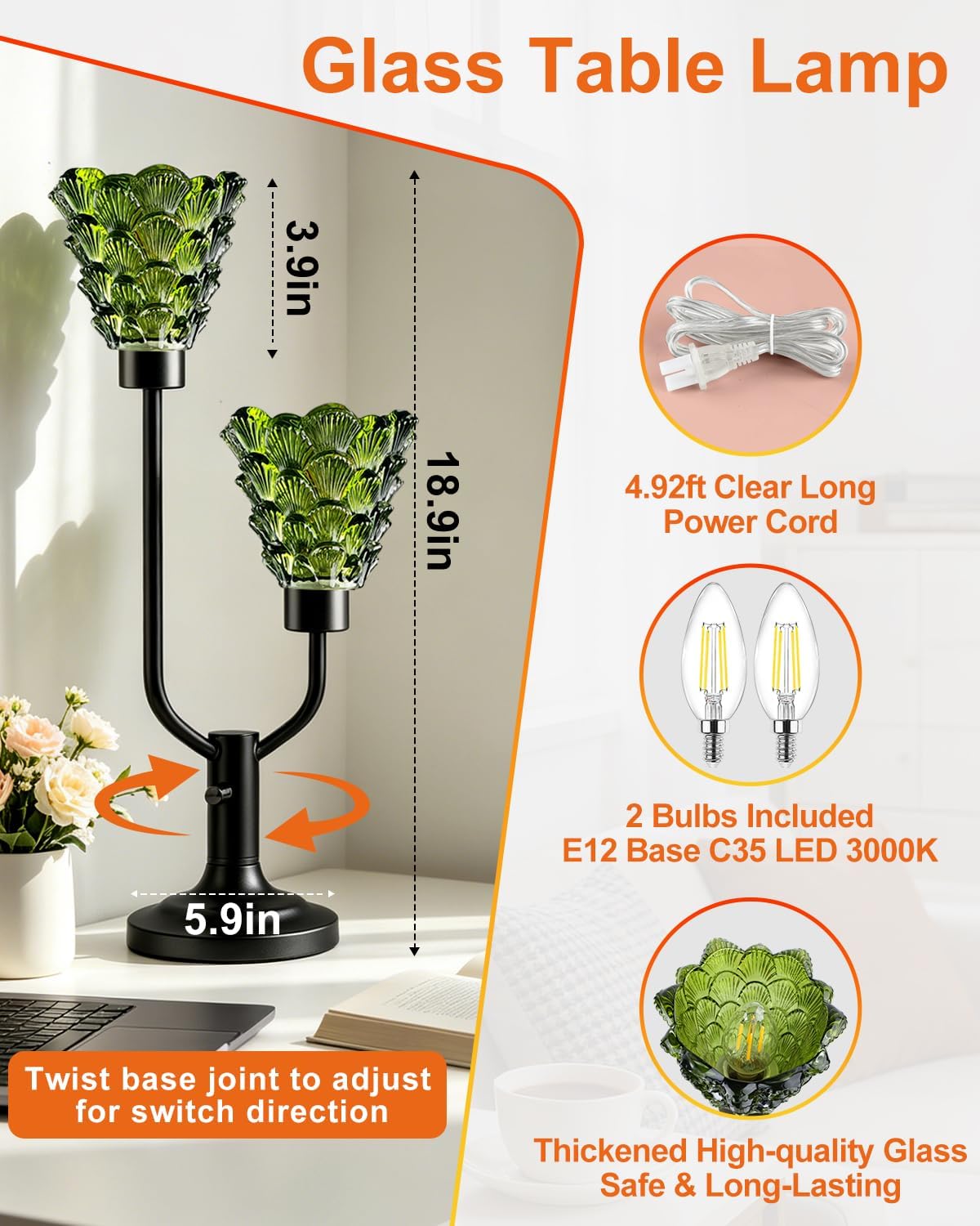 Green Glass Table Lamp with 2-Lights