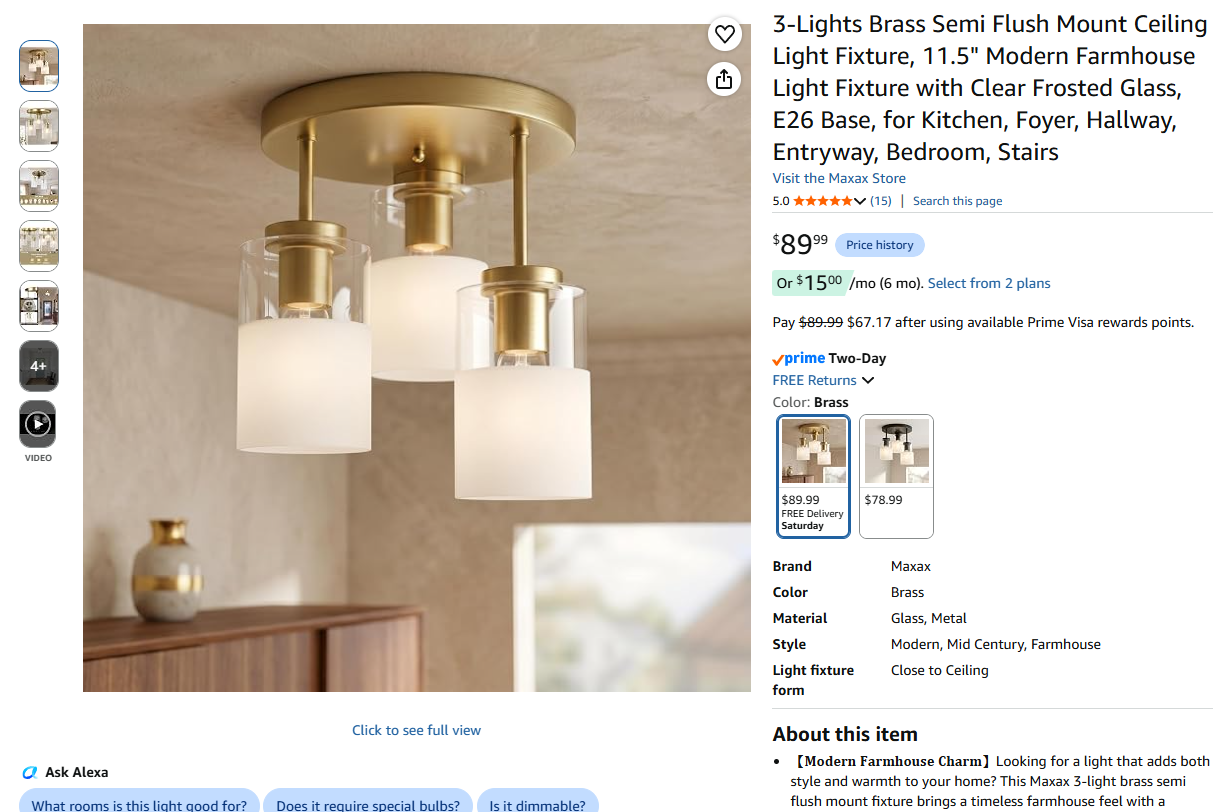 3-Lights Brass Semi Flush Lights