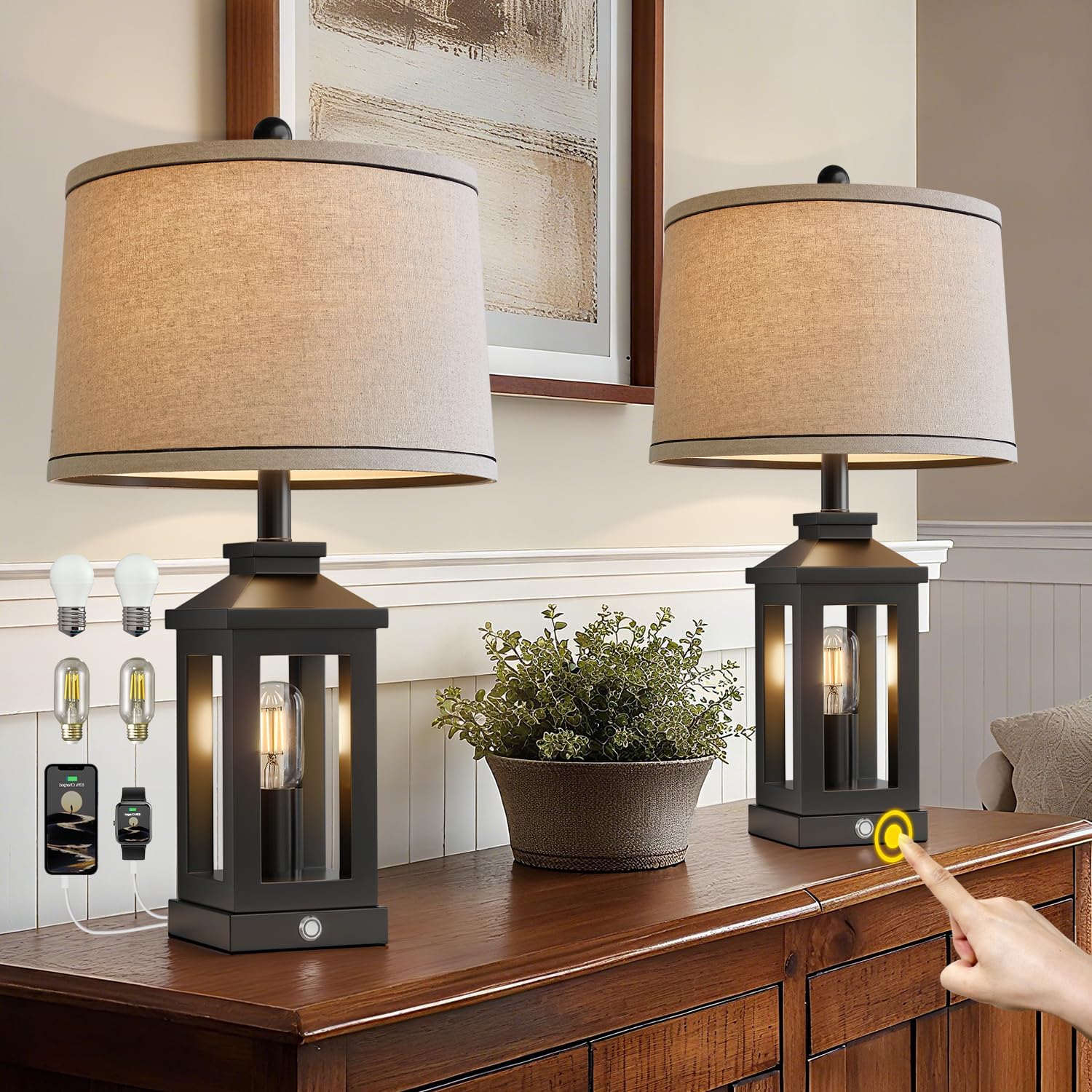 Table lamp set of two, USB A-C Ports