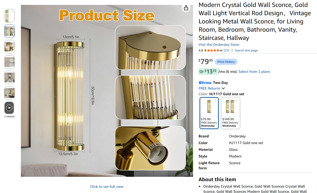 Modern Crystal Gold Wall Sconce,