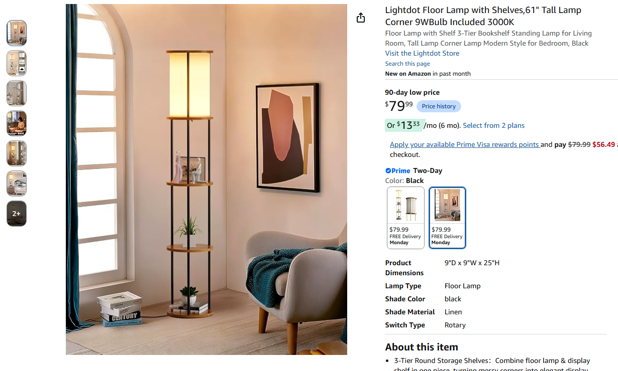 Floor Lamp with 3 Shelves,61" Tall - Includes Bulbs