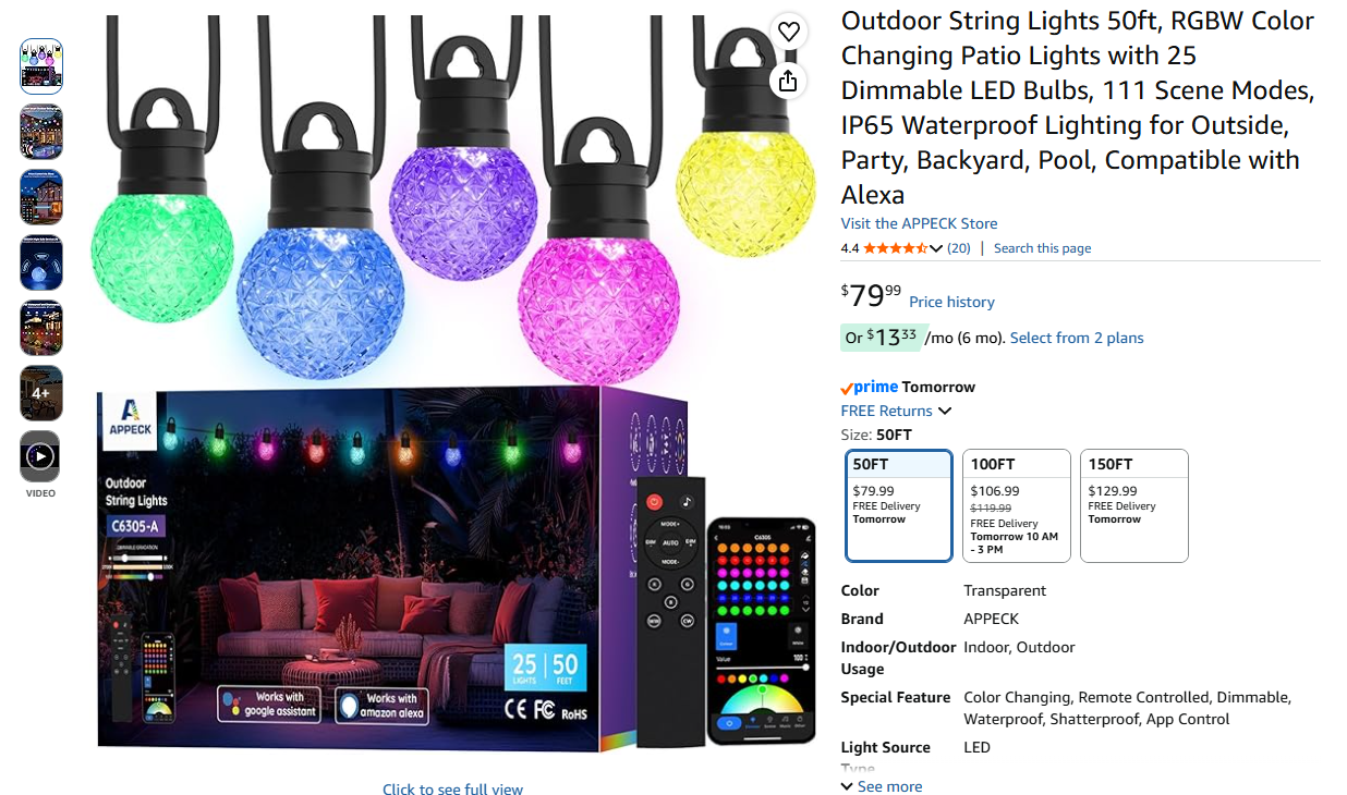 Smart Outdoor String Lights 50ft, RGBW