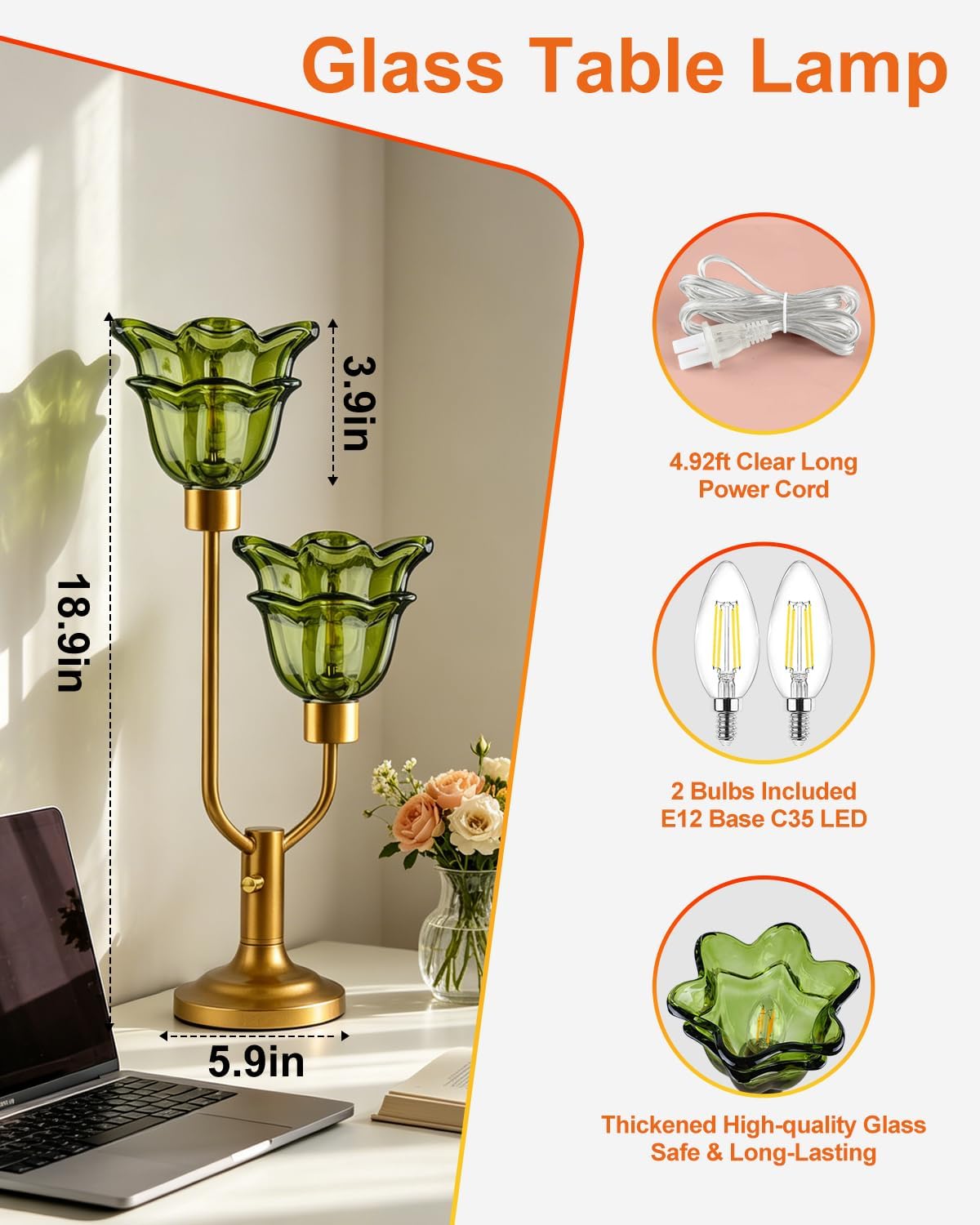 Glass Flower Table Lamp 2 Bulbs Included