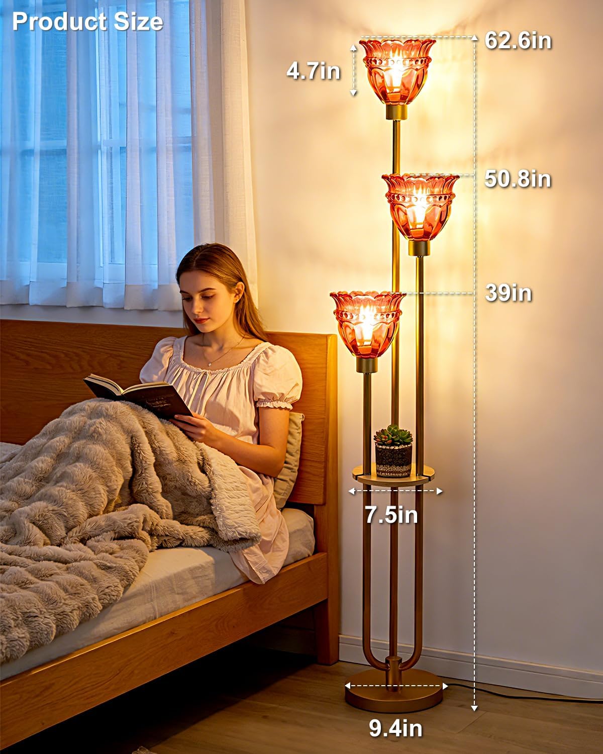 3-Lights Glass Floor Lamp with Shelf,