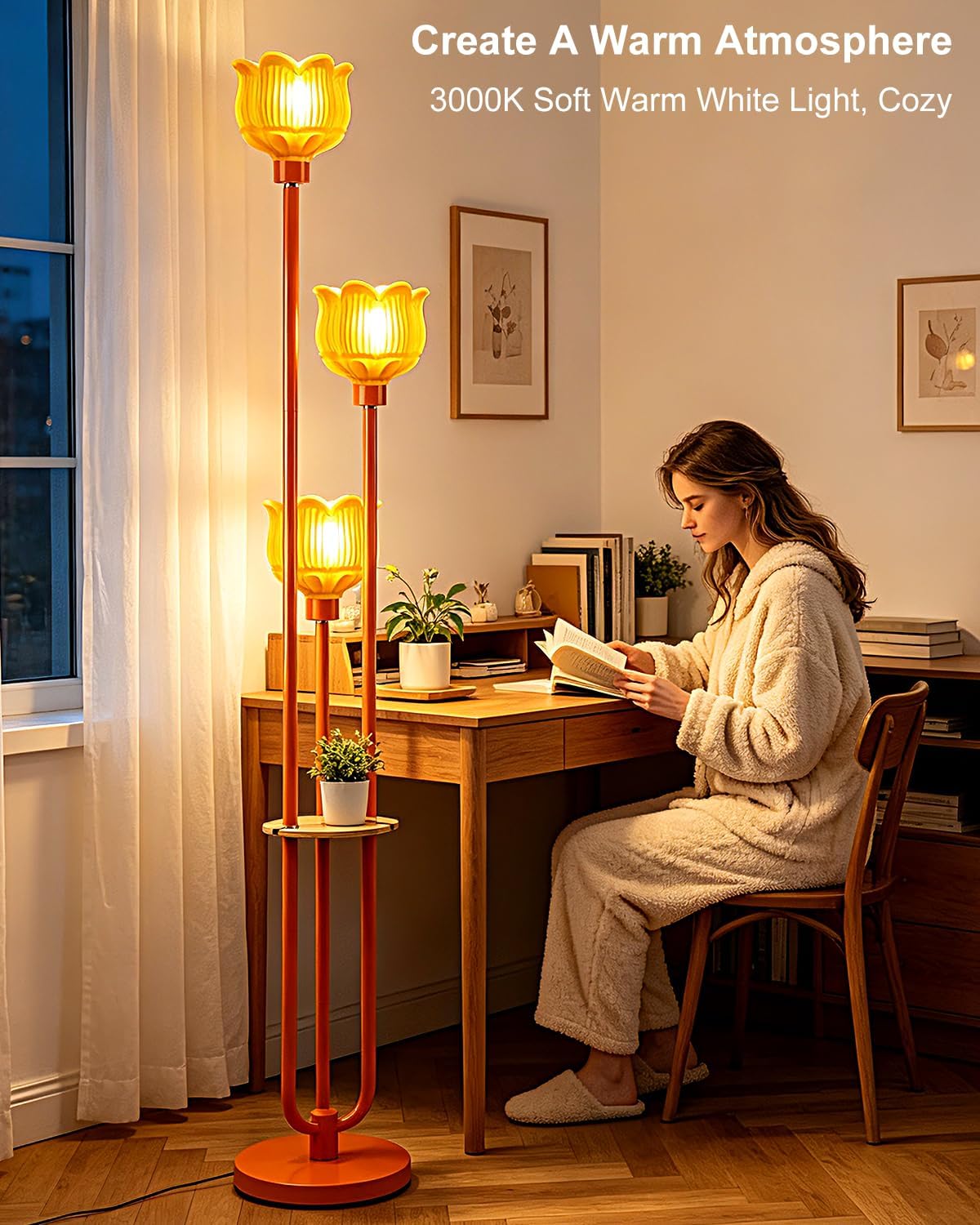 Globe Floor Lamp with 3-light with shelf, LED Bulbs