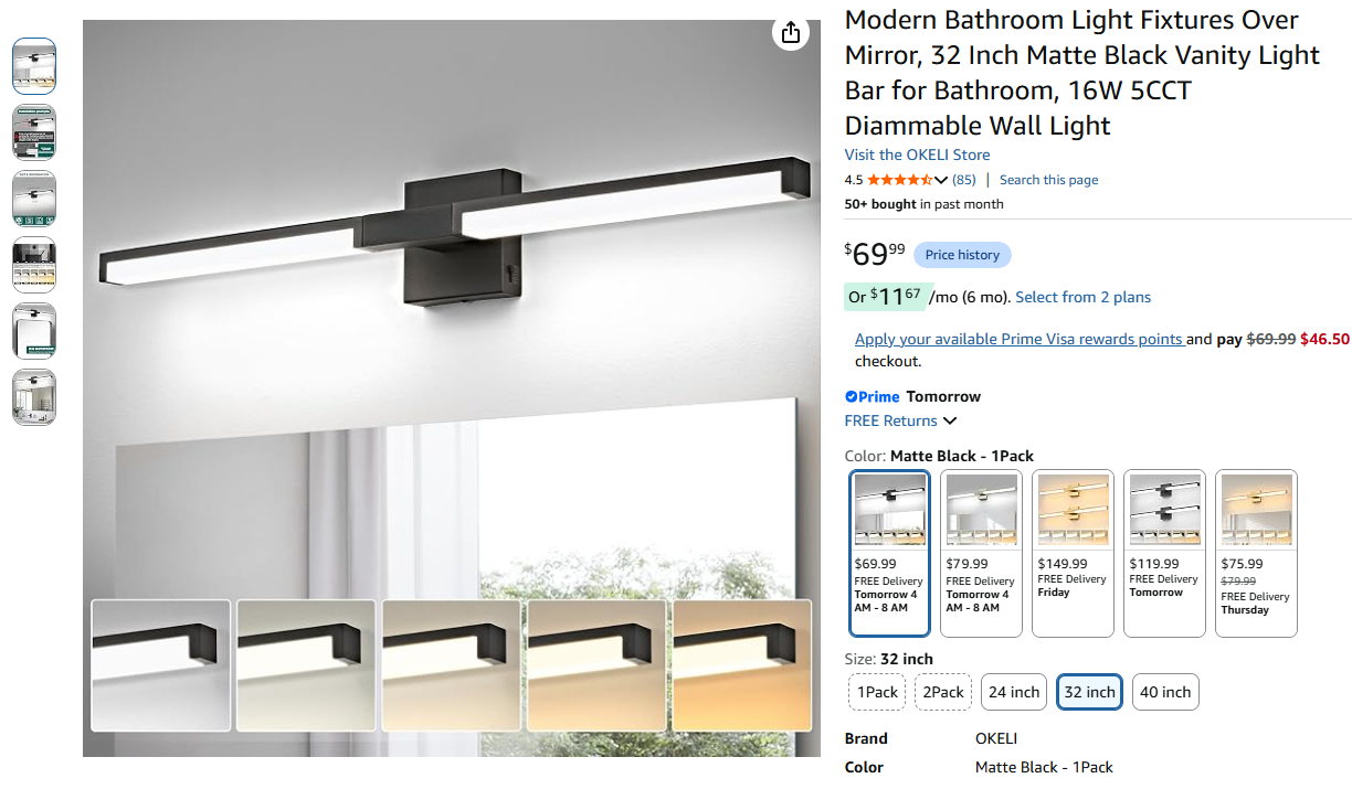 Black Modern Bathroom Light Fixture
