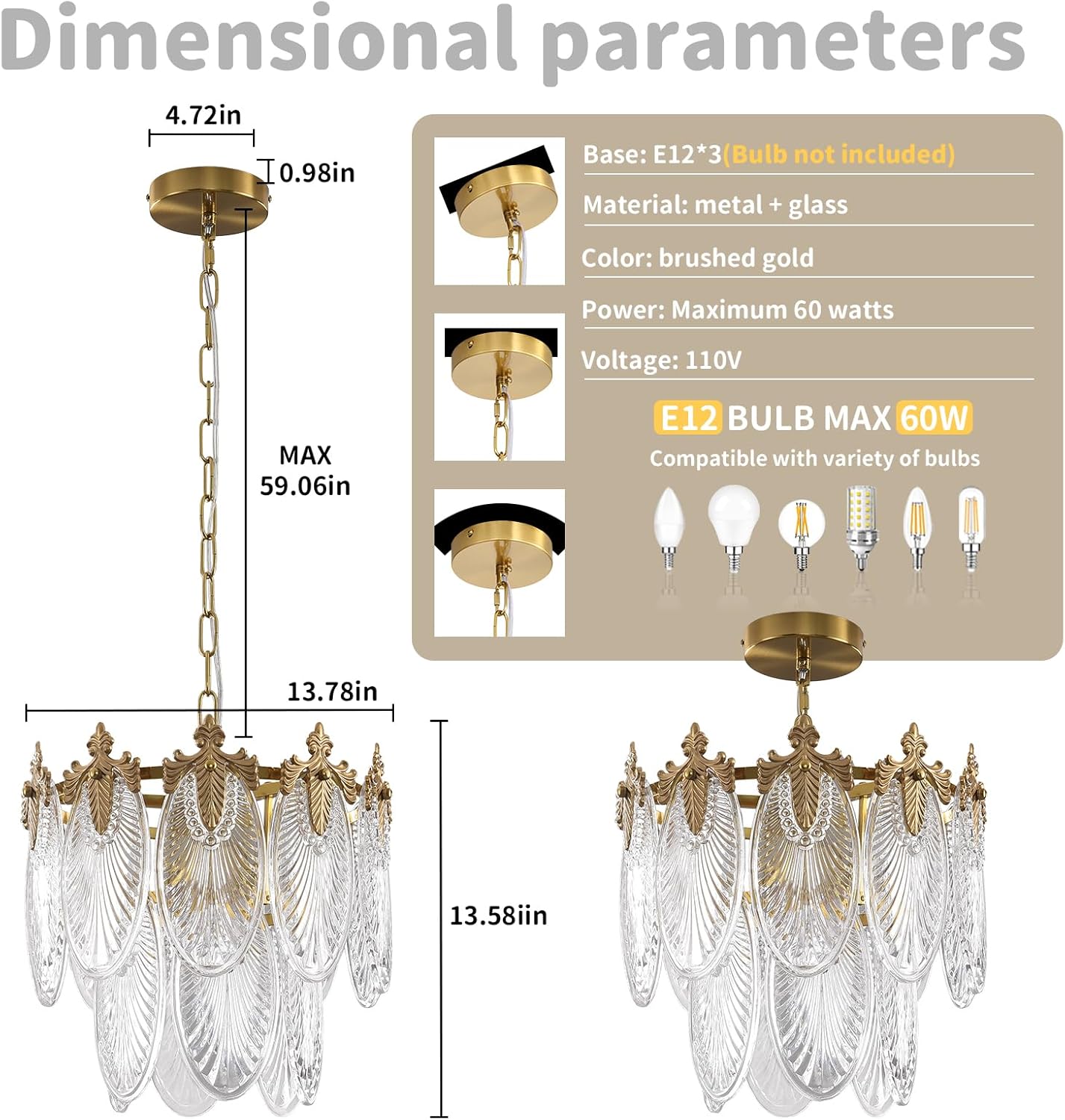 Gold Glass Chandelier, 2-Tier