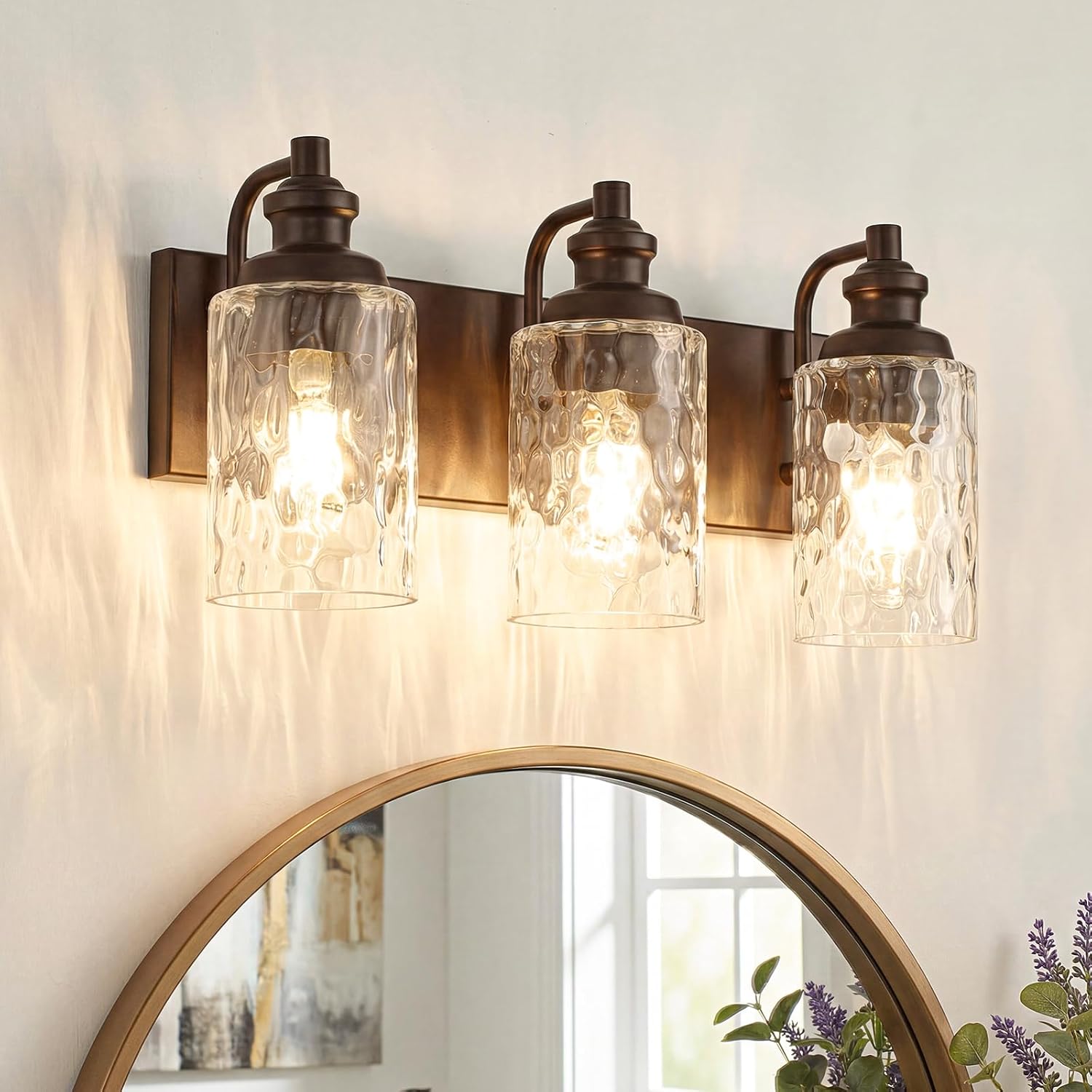 3-Light Light Fixture Bronze Oil Finish Hammered GLass