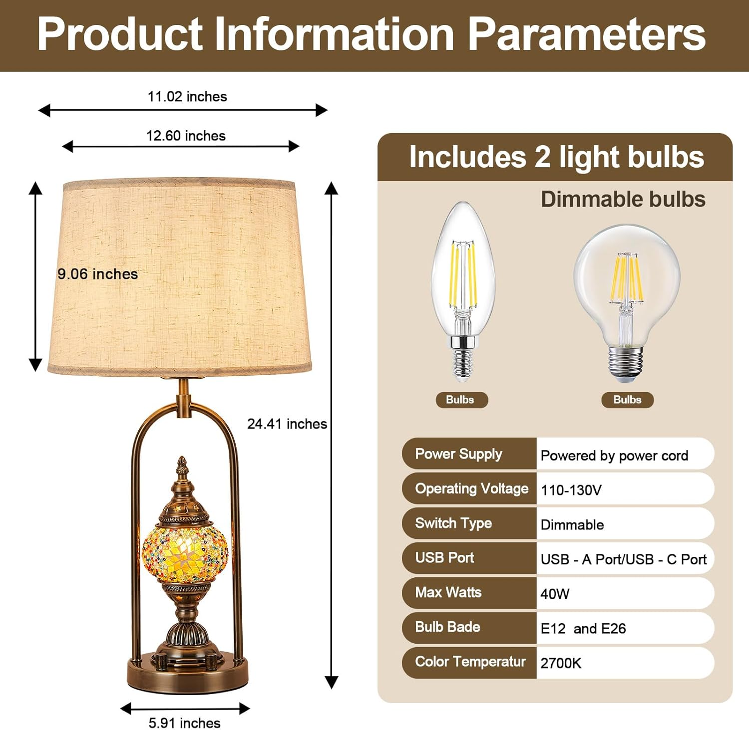 Vintage Moroccan Mosaic Table Lamp Set with USB