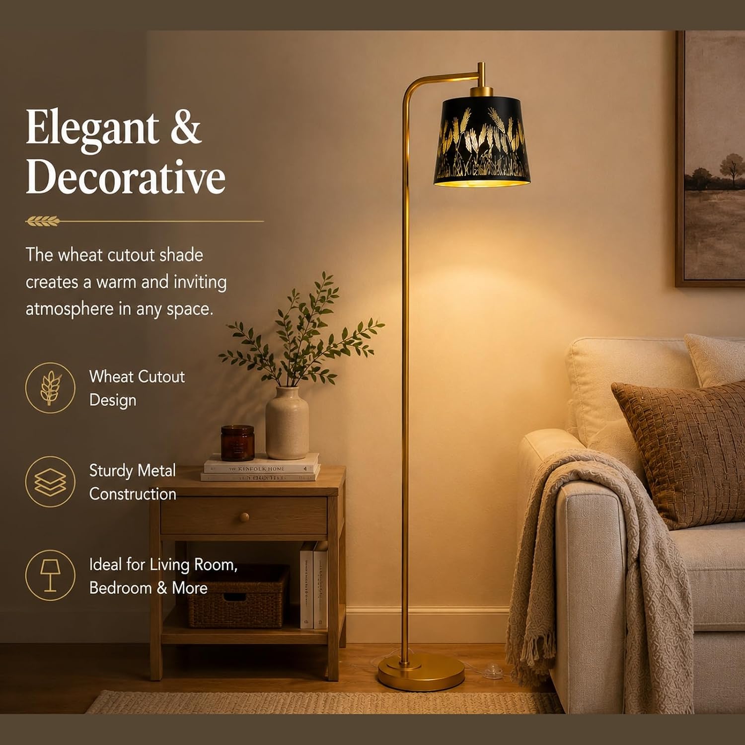 Floor Lamp with Black & Gold Wheat Cutout Metal Shade