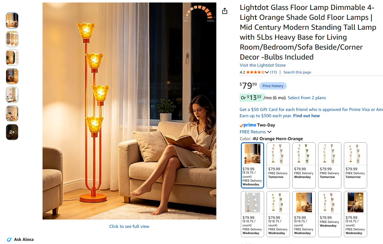 Glass Floor Lamp Dimmable 4-Light