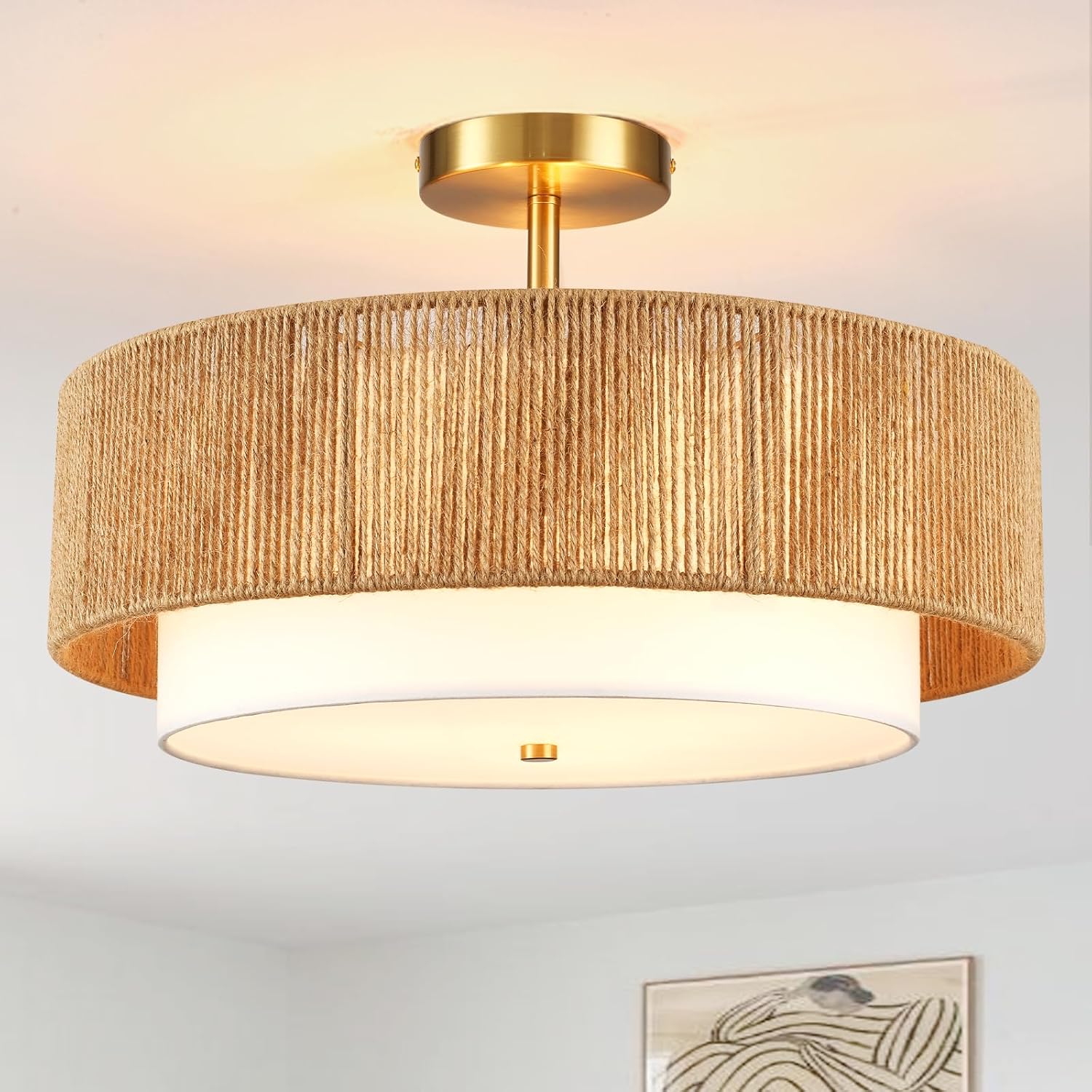Boho semi-flush mount ceiling light two tier