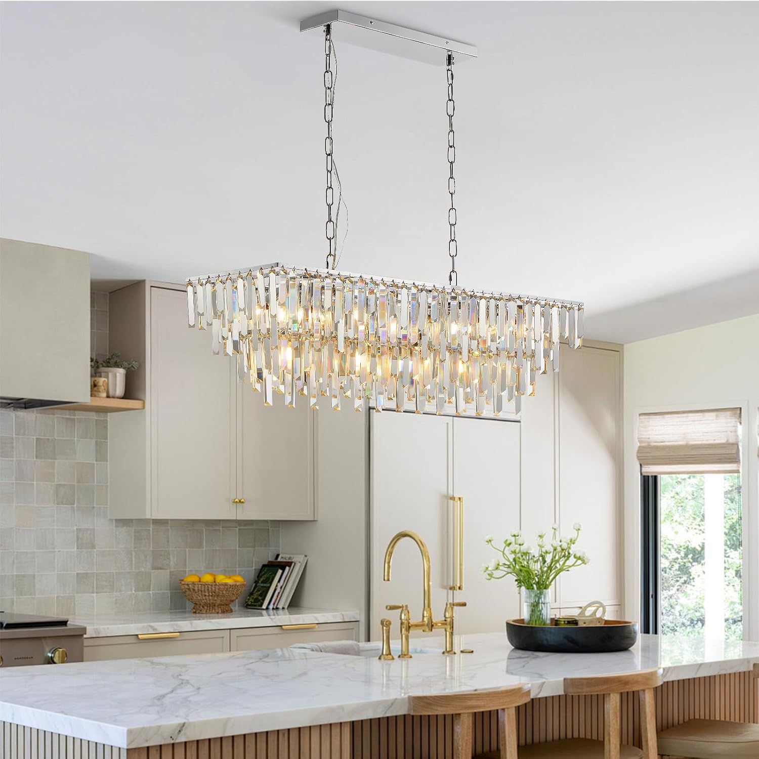 Modern Chrome Rectangle Crystal Chandelier: 2-Tier