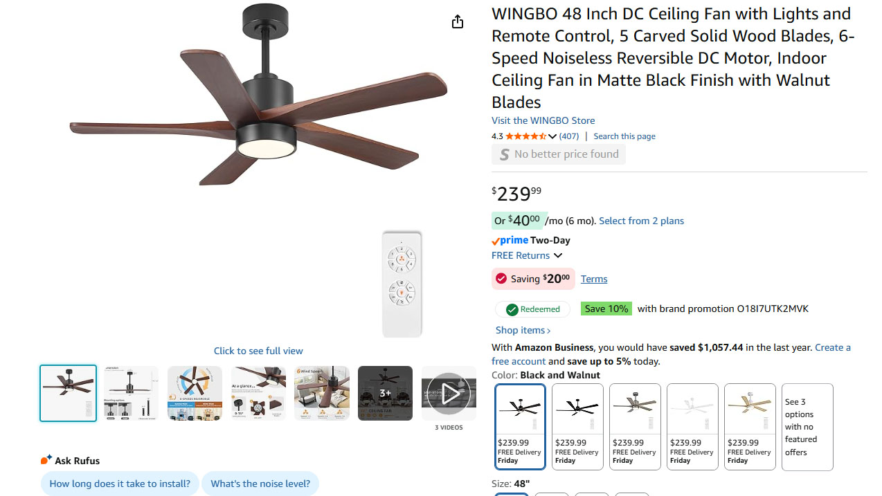 Walnut Ceiling Light Fan With Remote - Solid Wood