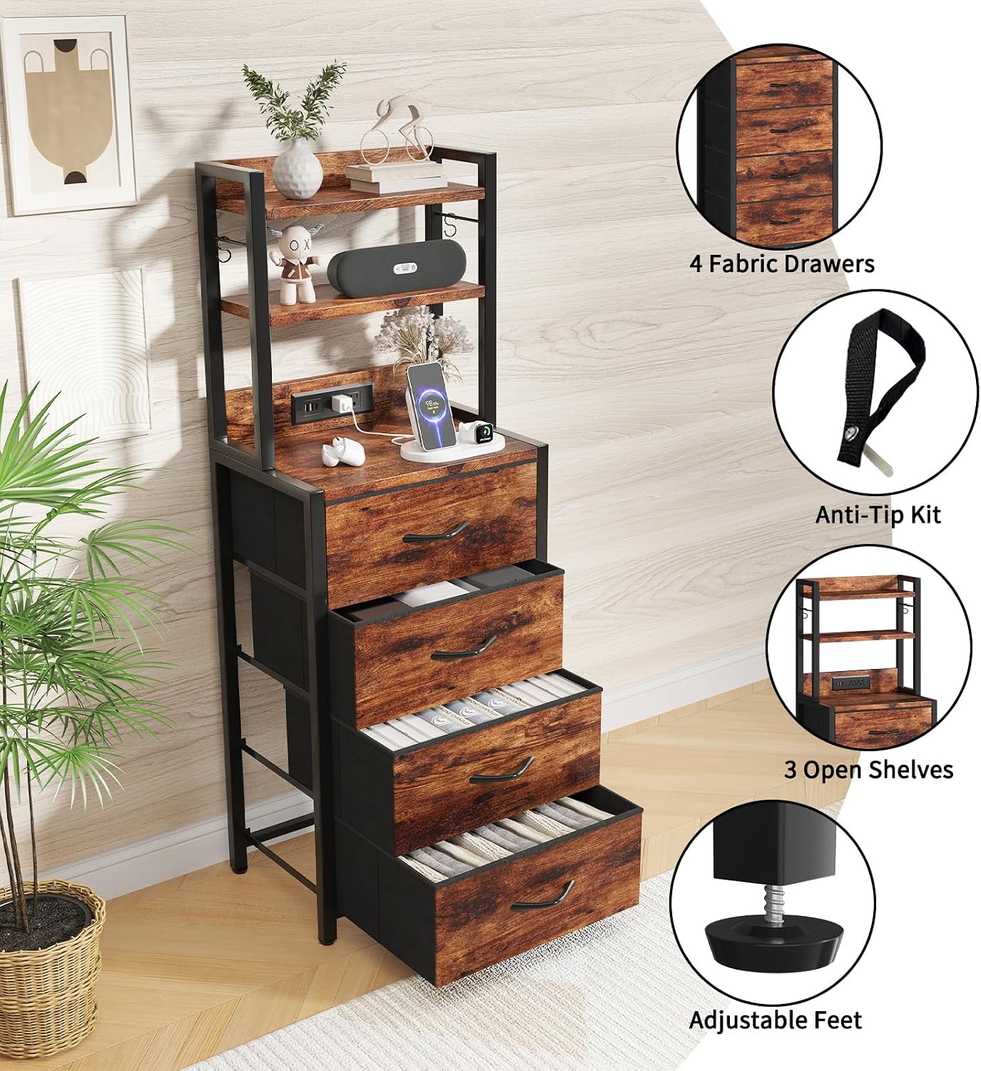 Tall Nightstand with LED Light,