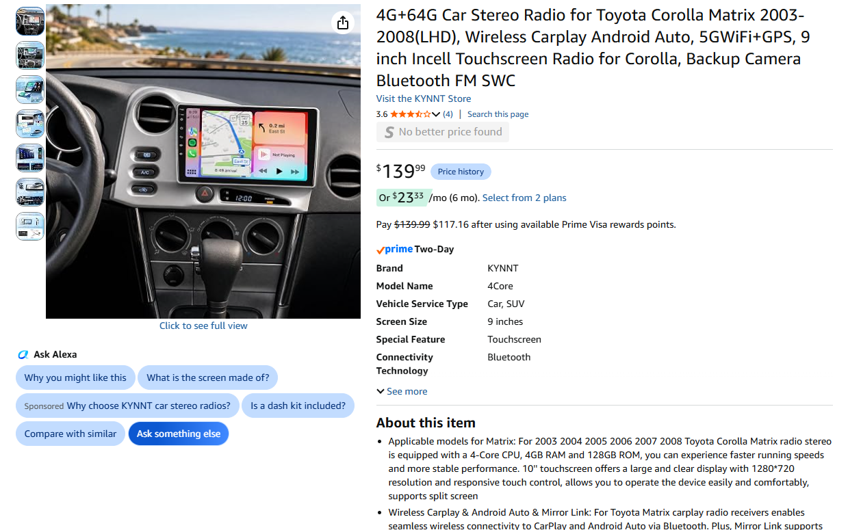 Smart Car Stereo Toyota Carolla - Matrix
