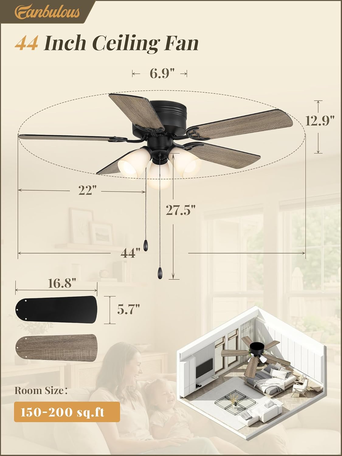 Ceiling Fans with Light, 6 Speeds