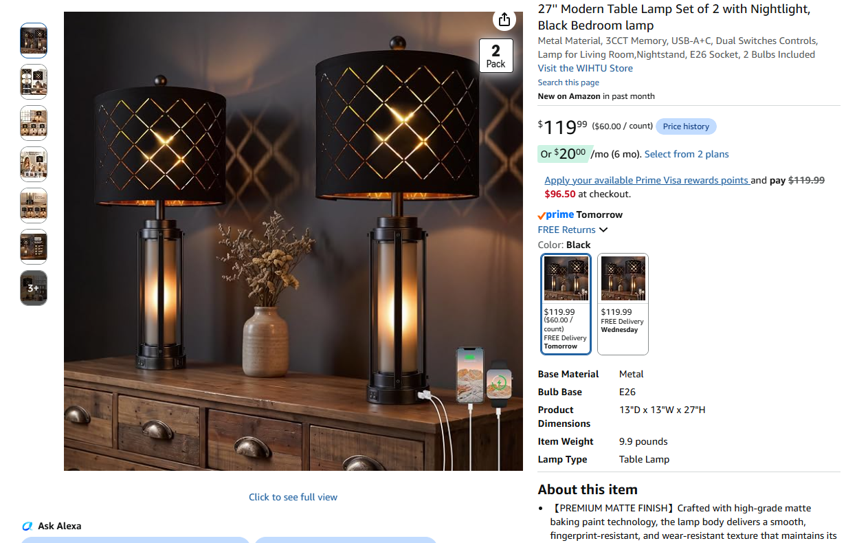 Modern Table Lamp Set of 2 with Nightlight,