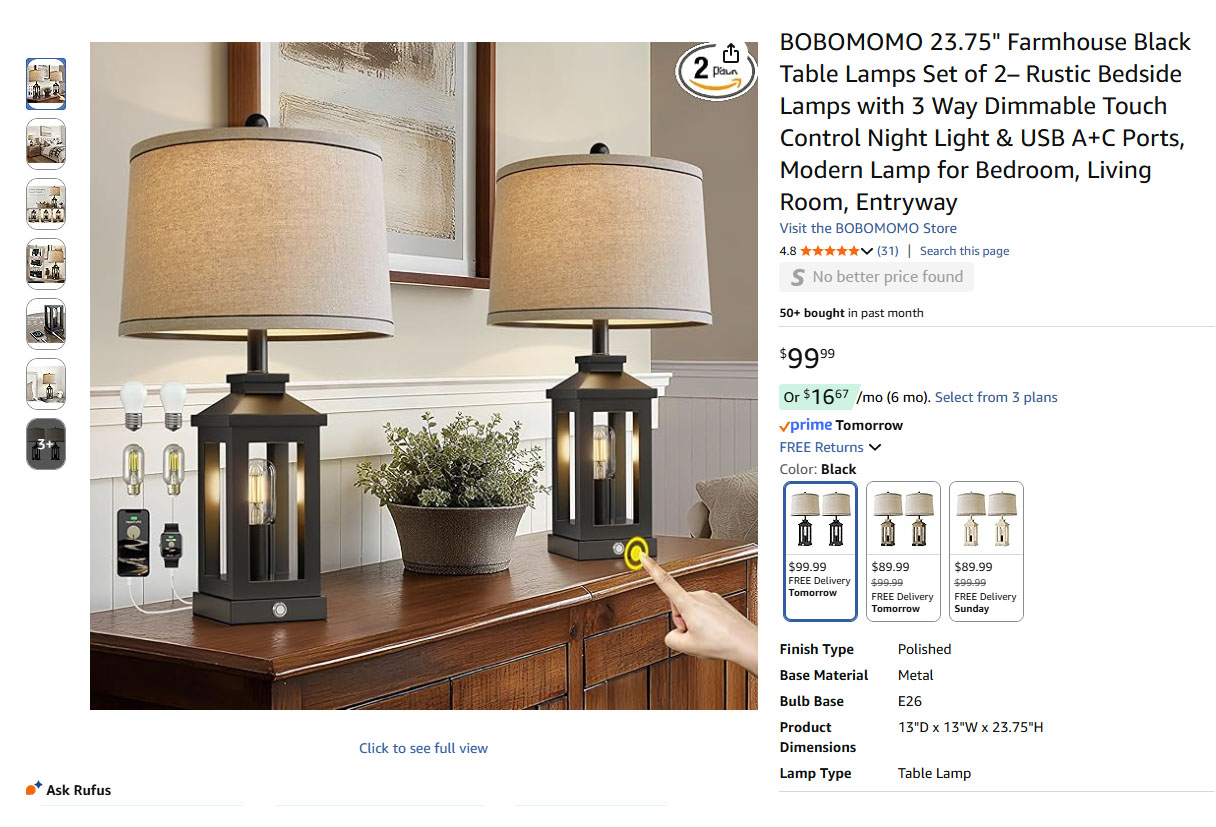 Table lamp set of two, USB A-C Ports