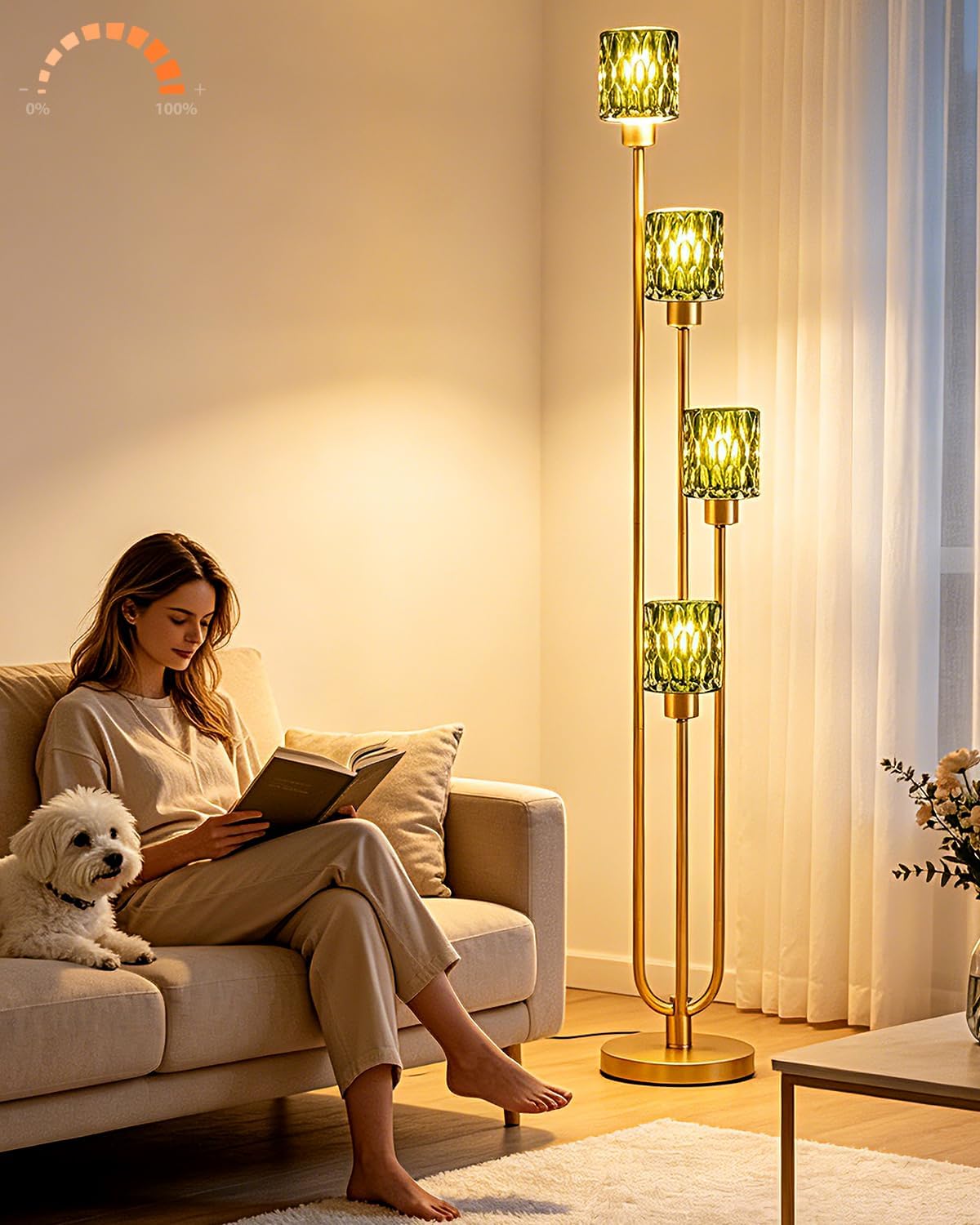 Green Glass Floor Lamp Dimmable 4-Light Farmhouse