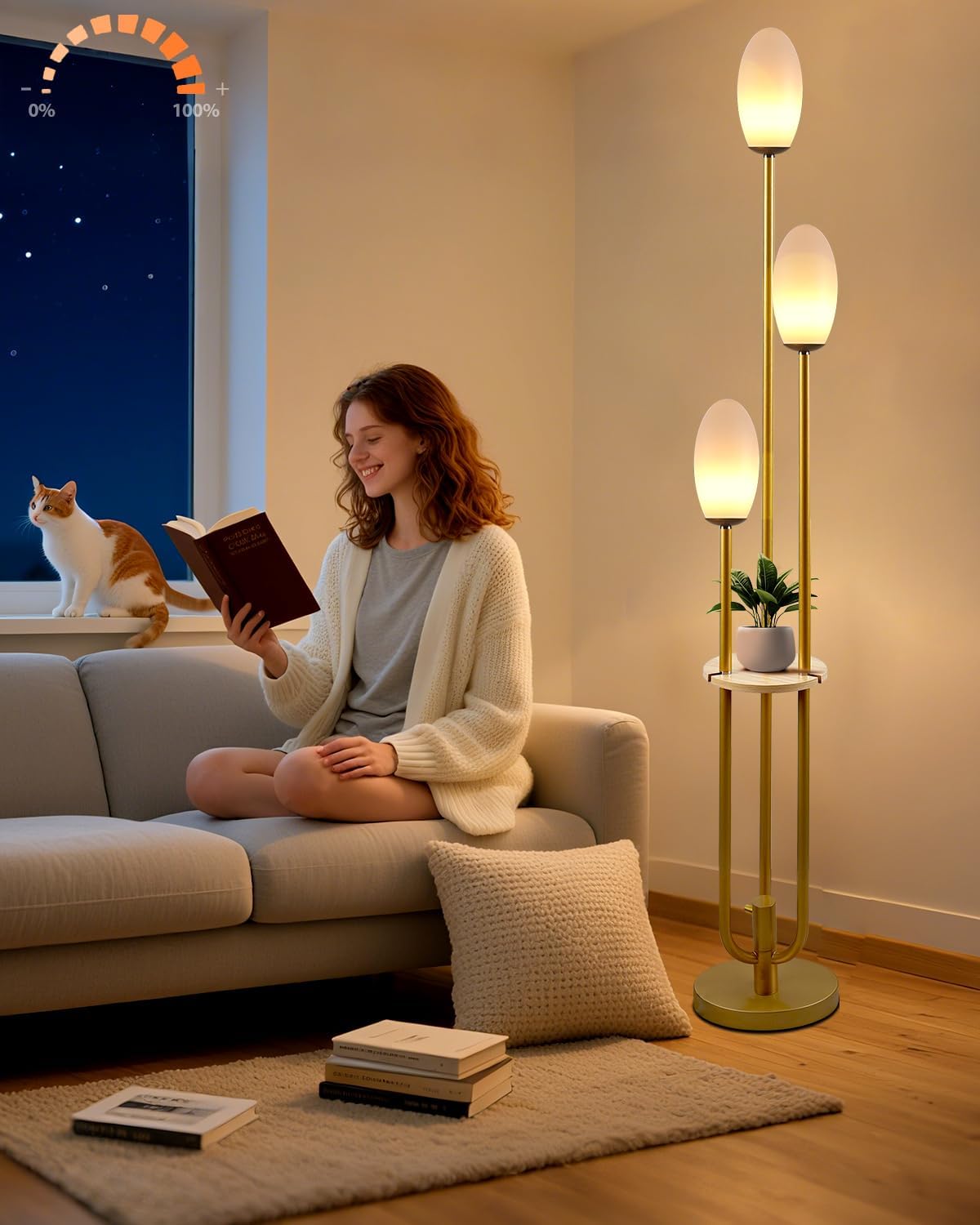 Gold Dimmable Floor Lamp with Table,